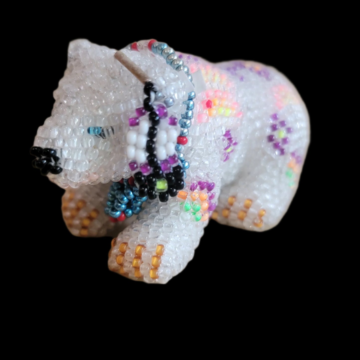 Powerful Fully Beaded White Bear w/ Feather and Bling Indian Beadwork