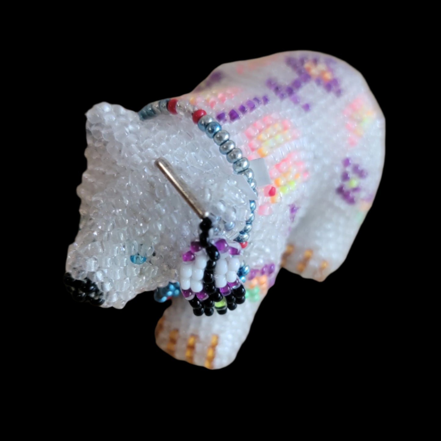 Powerful Fully Beaded White Bear w/ Feather and Bling Indian Beadwork