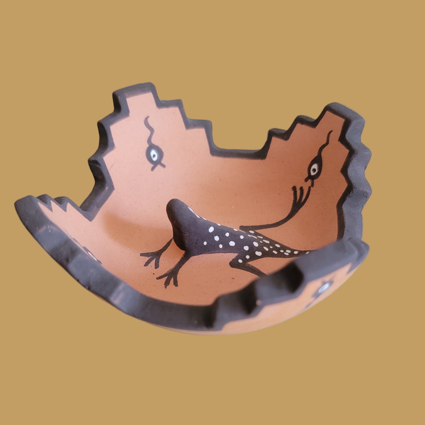 Kiva Step/Raincloud Rimmed Zuni Pueblo Pottery Bowl with Raised Gecko