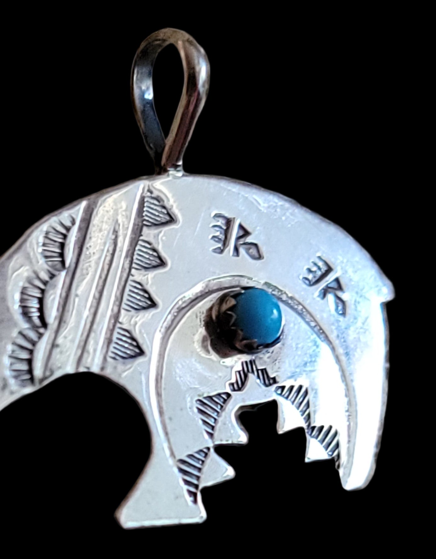 Navajo Sterling Silver Fetish Bear Pendant w/ Stampwork and Turquoise Stone Indian Jewelry