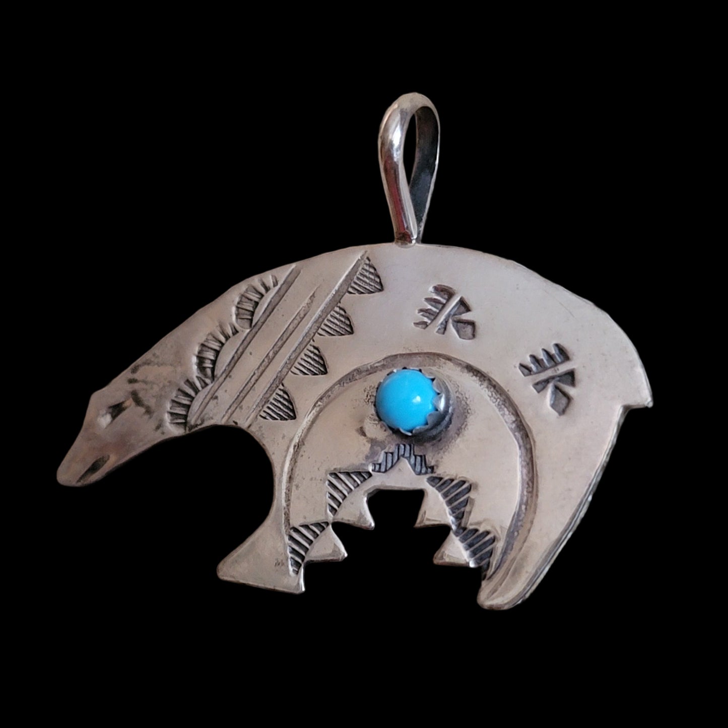 Navajo Sterling Silver Fetish Bear Pendant w/ Stampwork and Turquoise Stone Indian Jewelry