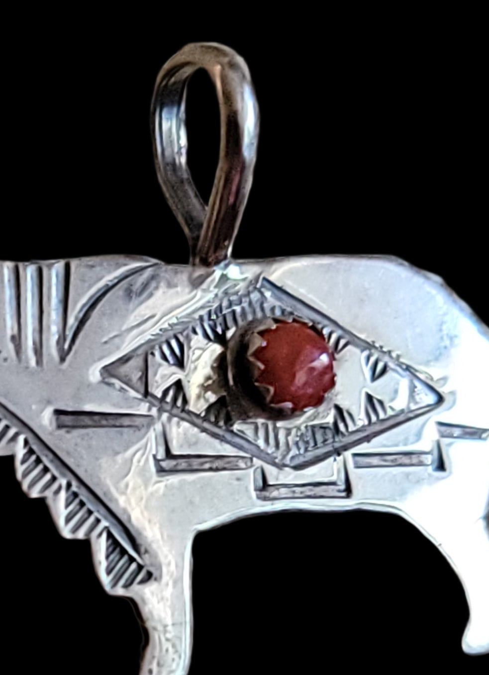 Sterling Silver Navajo Wolf Pendant w/Coral Stone Indian Jewelry