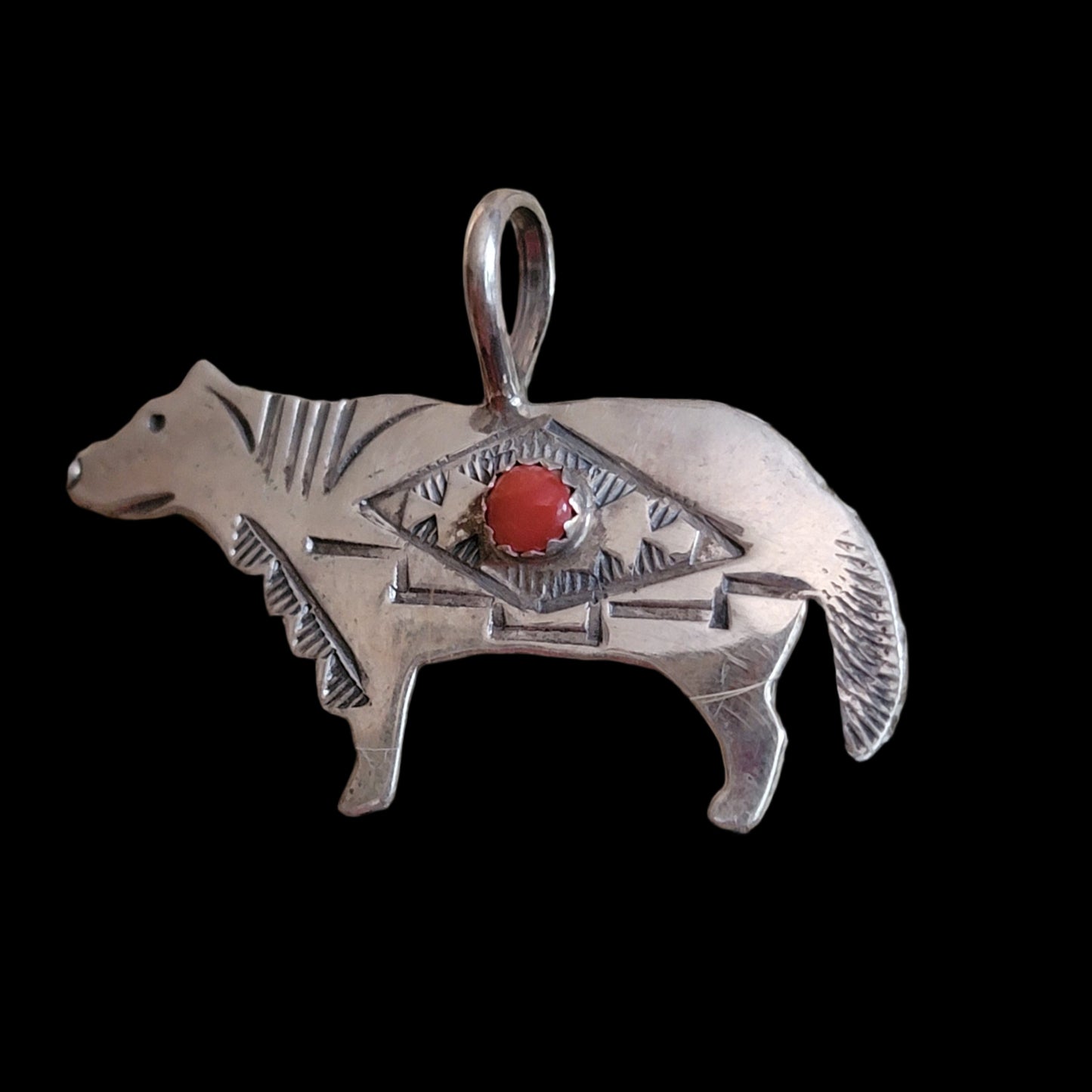 Sterling Silver Navajo Wolf Pendant w/Coral Stone Indian Jewelry