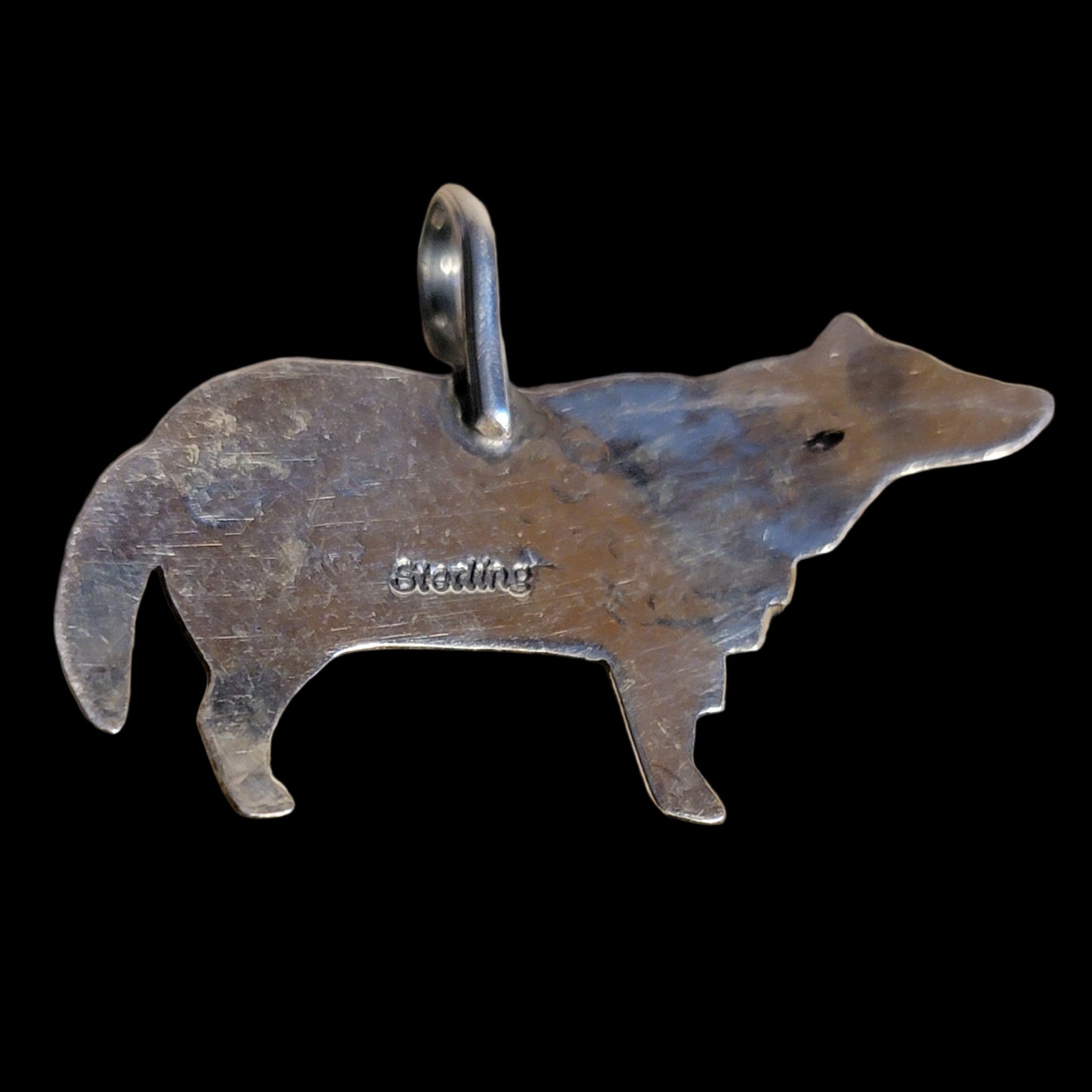 Sterling Silver Navajo Wolf Pendant w/Jet Stone Indian Jewelry