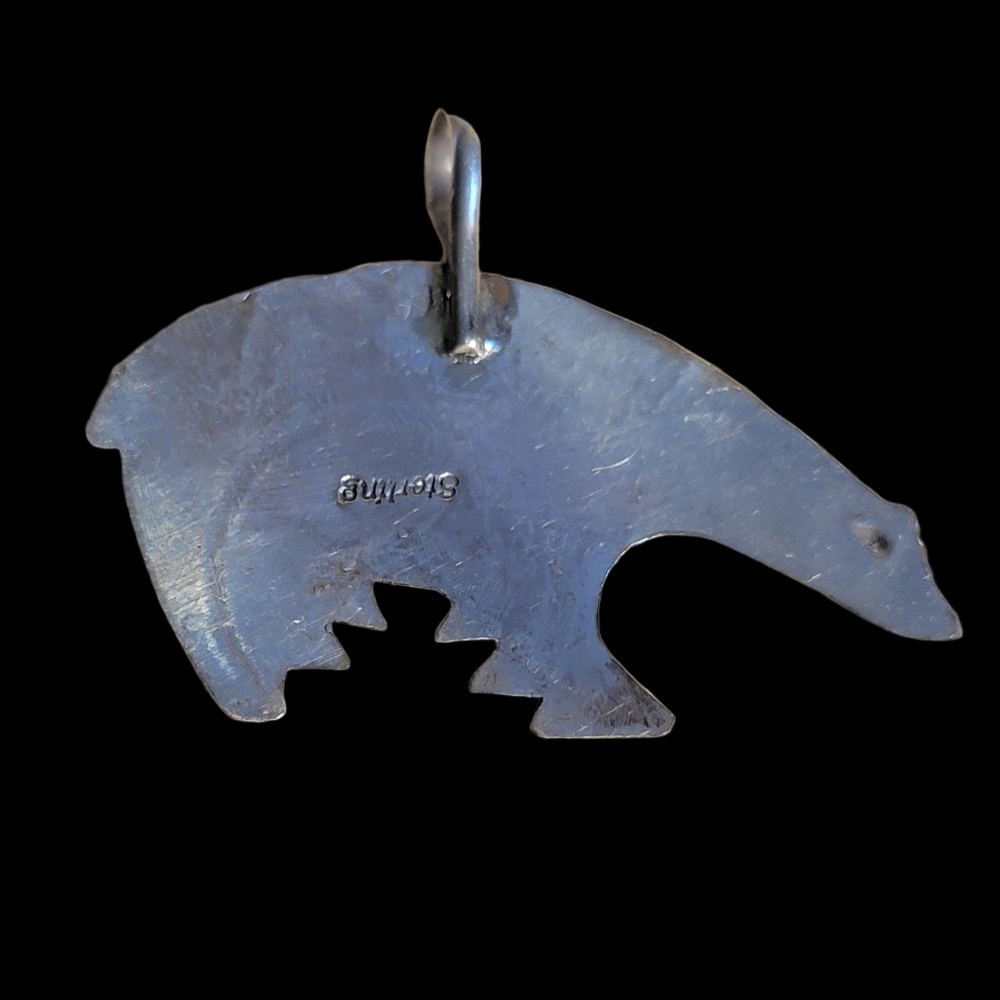 Navajo Sterling Silver Fetish Bear Pendant w/ Stampwork and Turquoise Stone Indian Jewelry