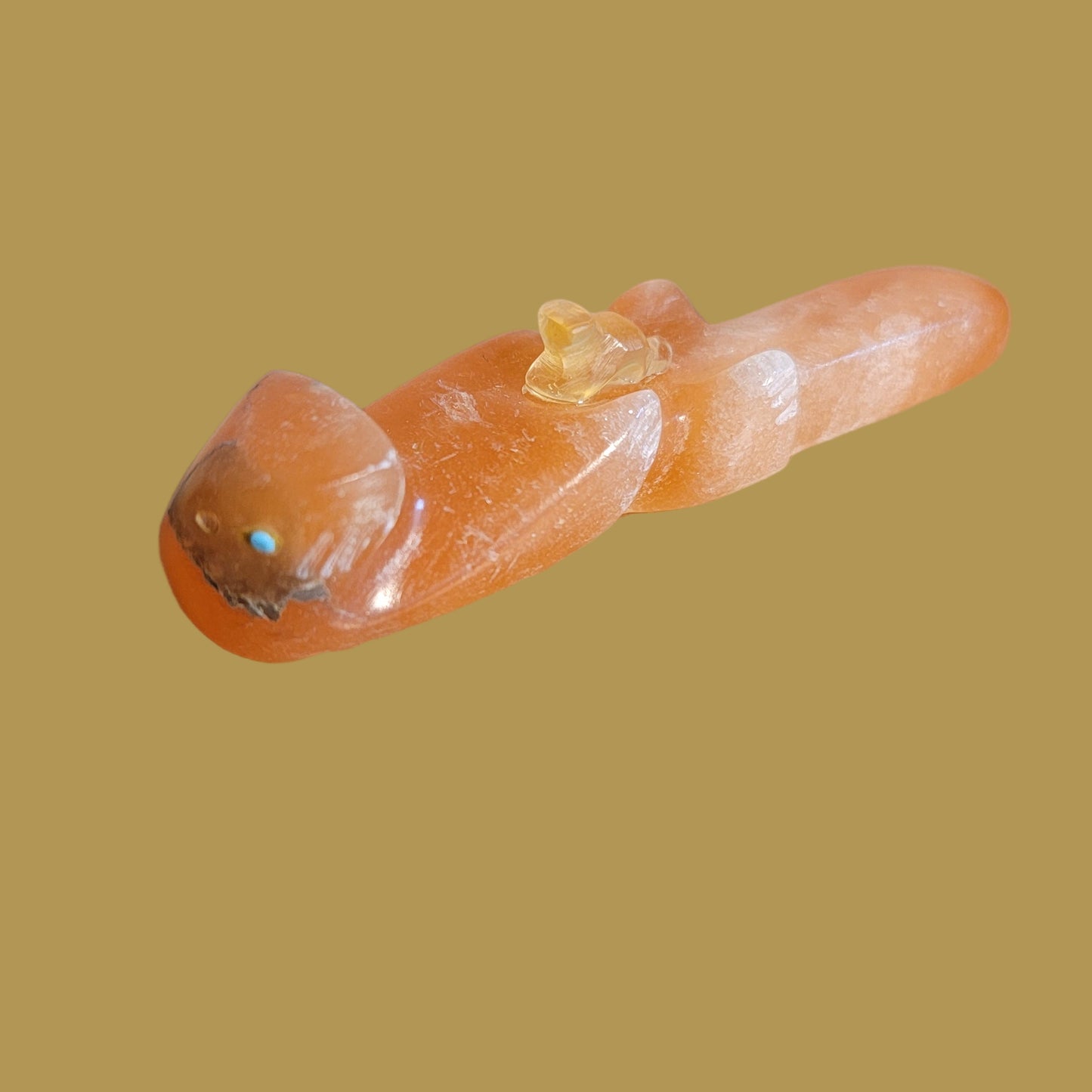 Peach Alabaster Otter w/Calcite Baby Zuni Fetish