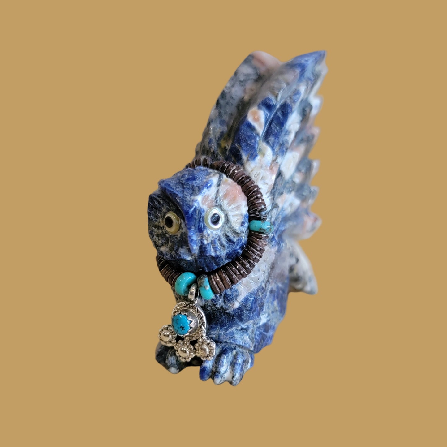 Sunset Sodalite Hoot Owl w/amazing Wings and Jewelry Zuni Fetish