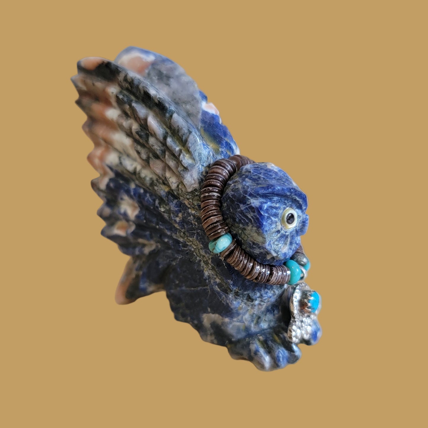 Sunset Sodalite Hoot Owl w/amazing Wings and Jewelry Zuni Fetish