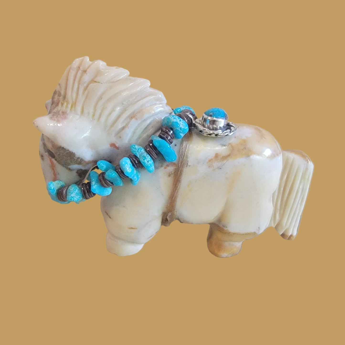 Tijillite Pony/Healing Horse with Fancy Bridle and Sterling Pendant Zuni Fetish