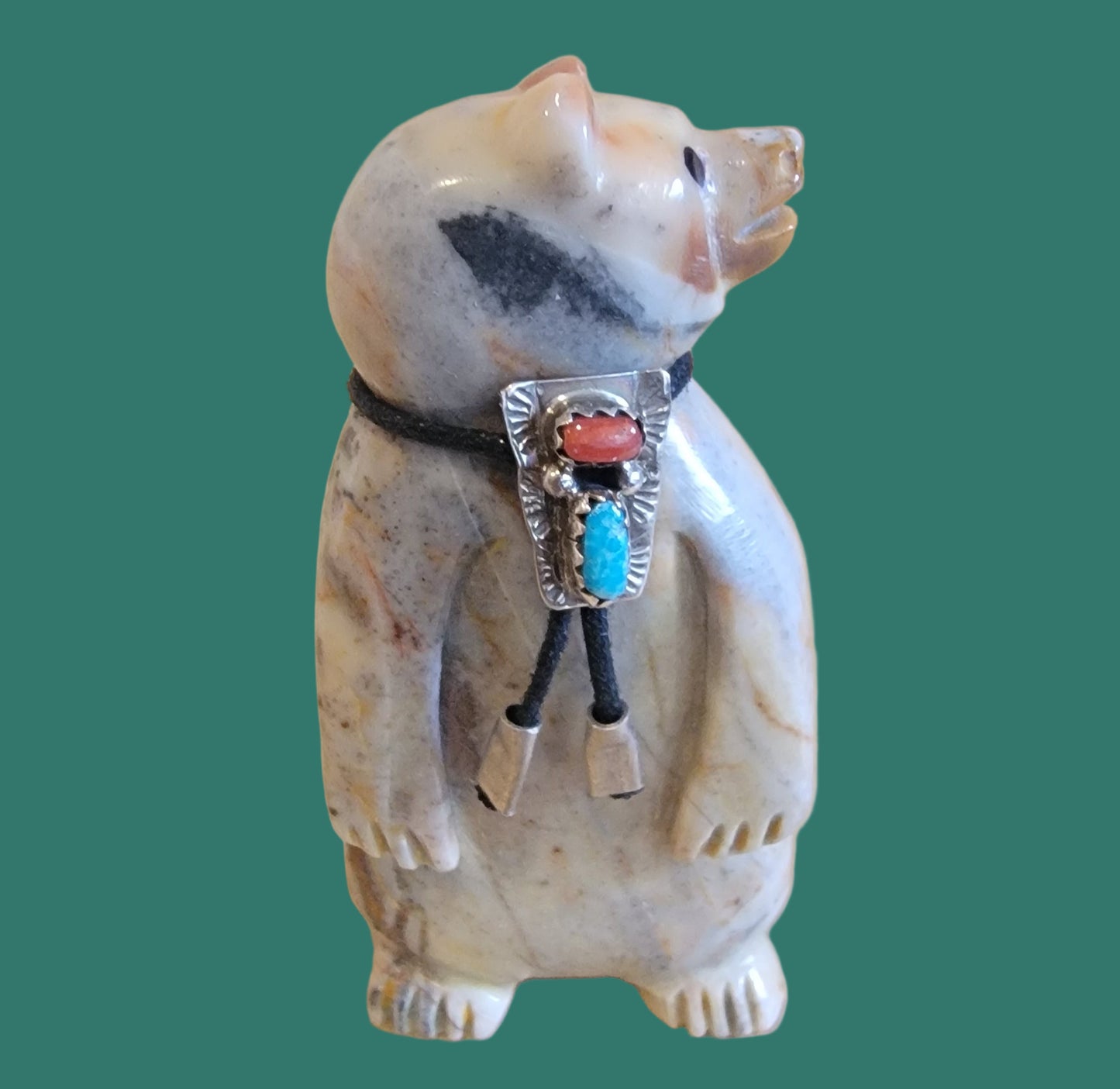 Proud Bear w/Sterling, Coral and Turquoise Bolo Tie Zuni Fetish