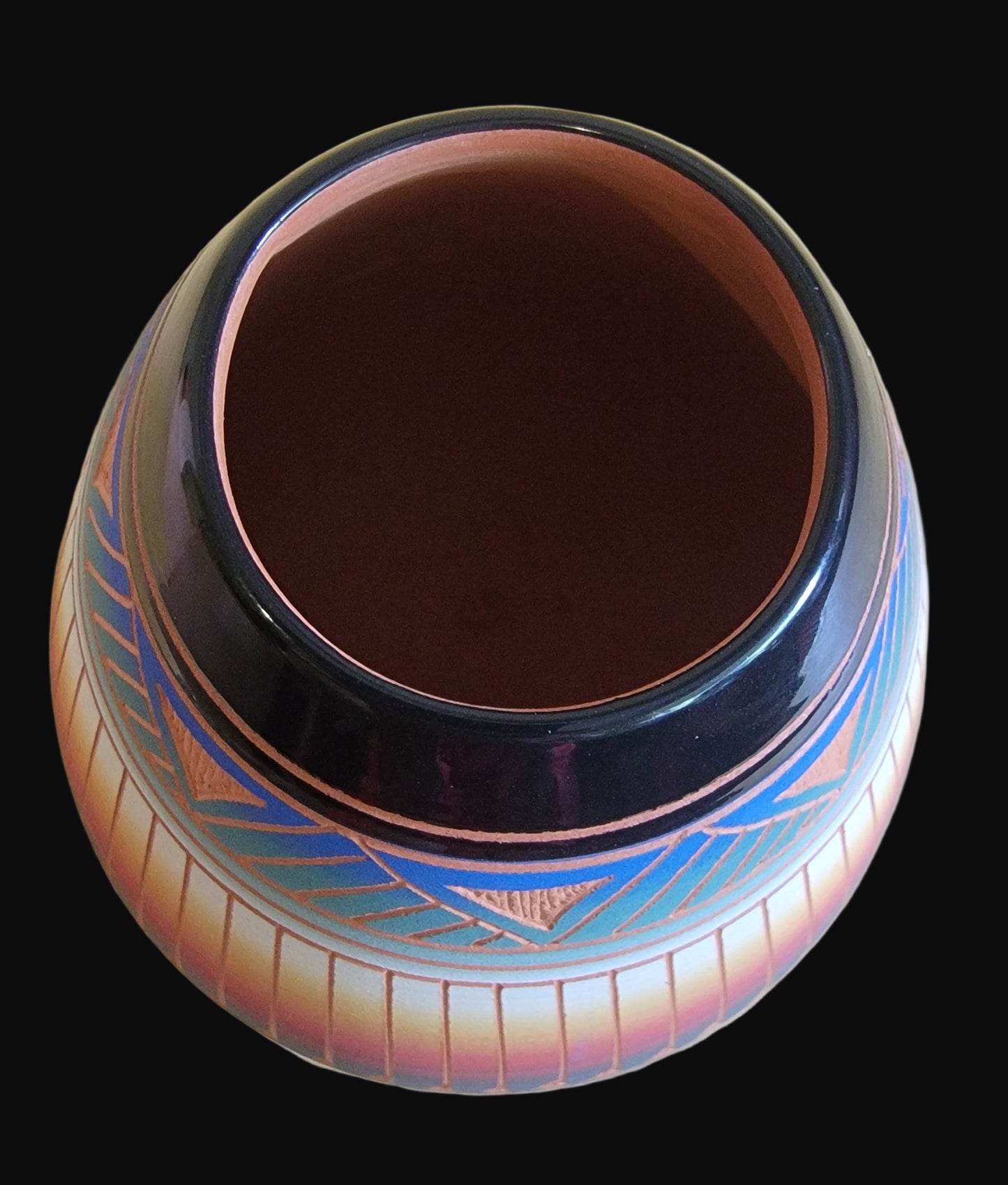 Navajo Carved Pottery Bowl w/Rain Pattern Rim Indian Pottery