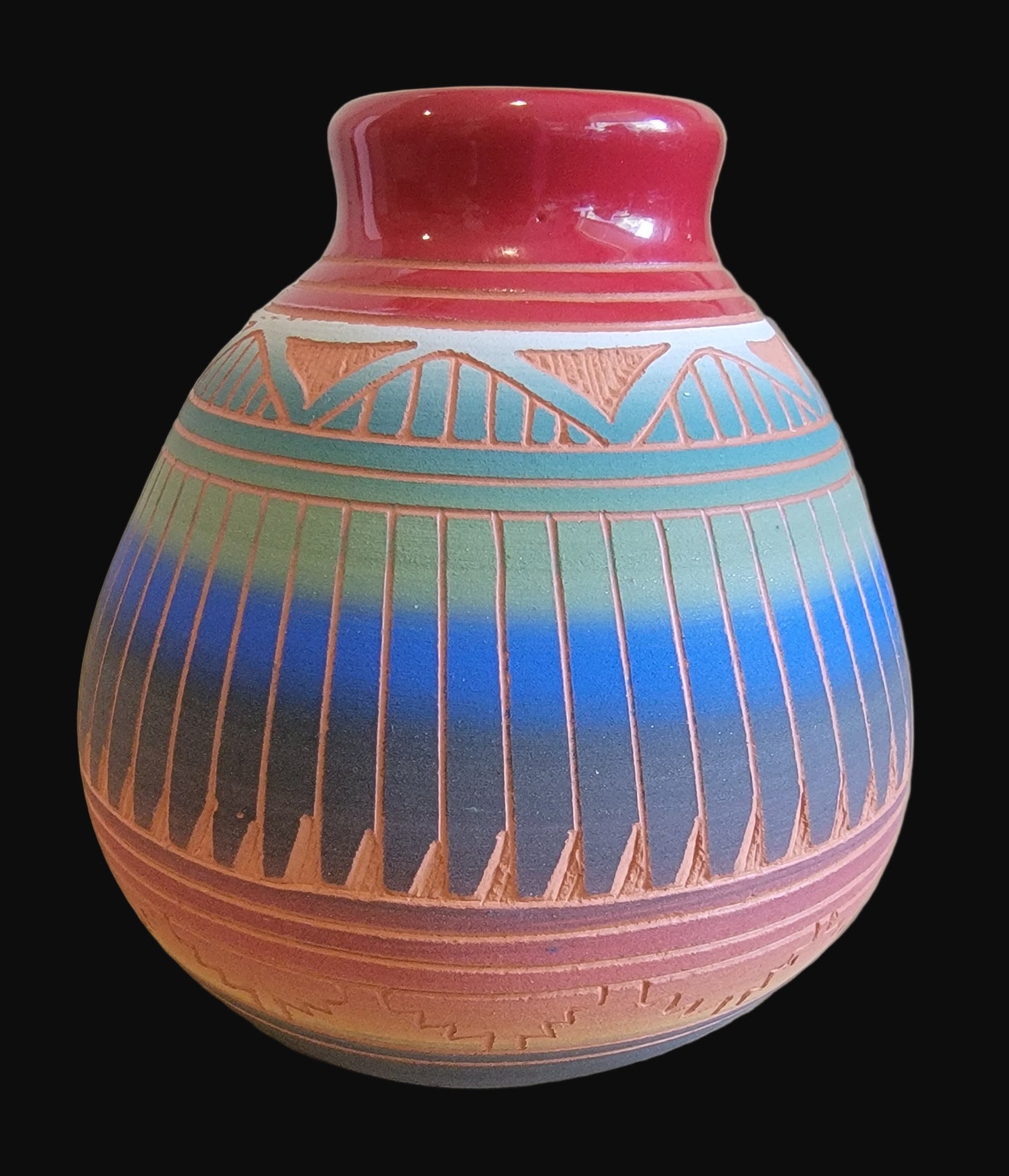Navajo Carved Pottery w/ Rich Glazed Rim and Prayer Feathers Indian Pottery