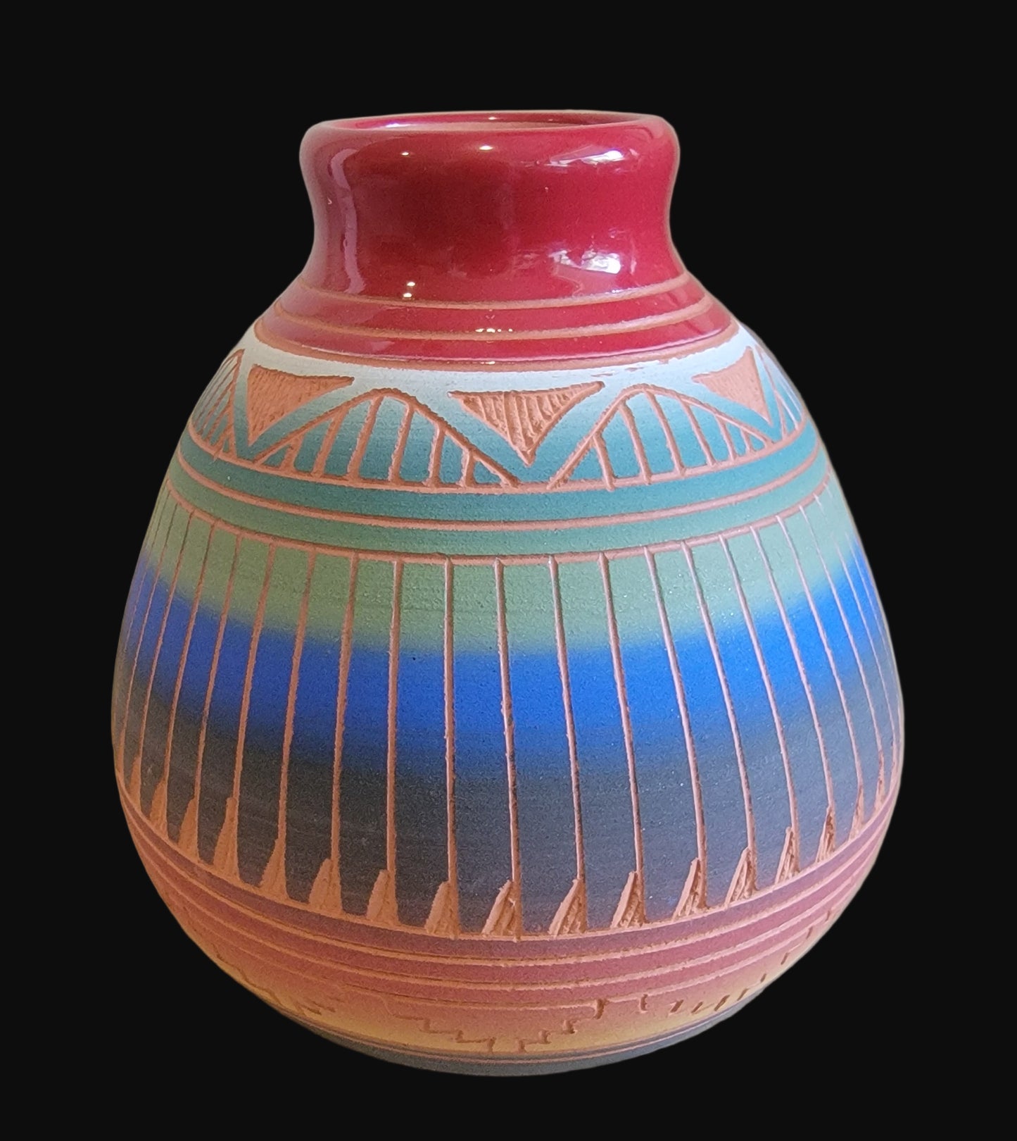Navajo Carved Pottery w/ Rich Glazed Rim and Prayer Feathers Indian Pottery