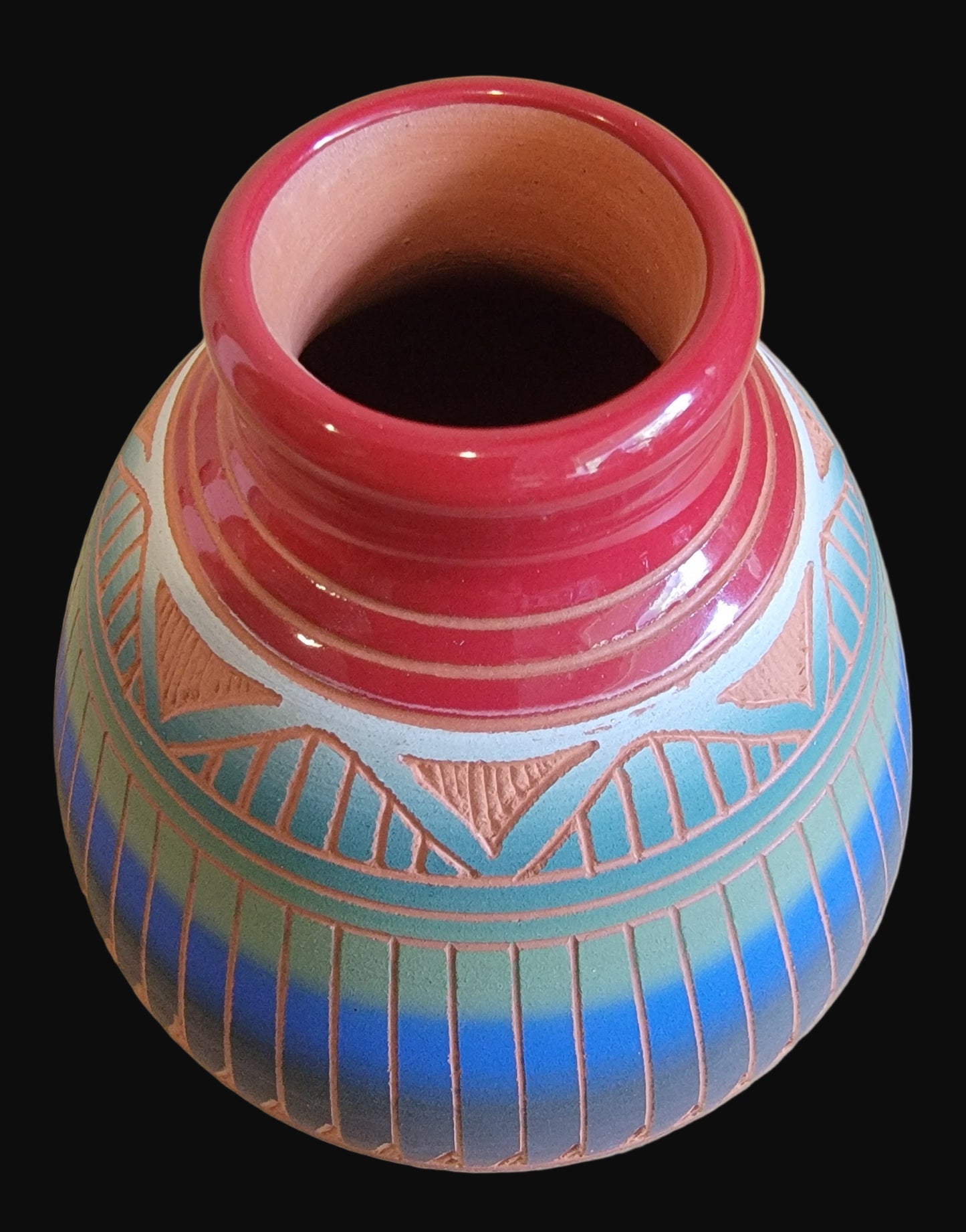 Navajo Carved Pottery w/ Rich Glazed Rim and Prayer Feathers Indian Pottery