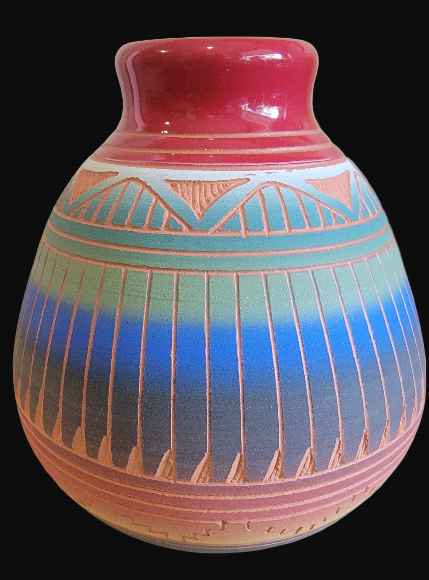 Navajo Carved Pottery w/ Rich Glazed Rim and Prayer Feathers Indian Pottery