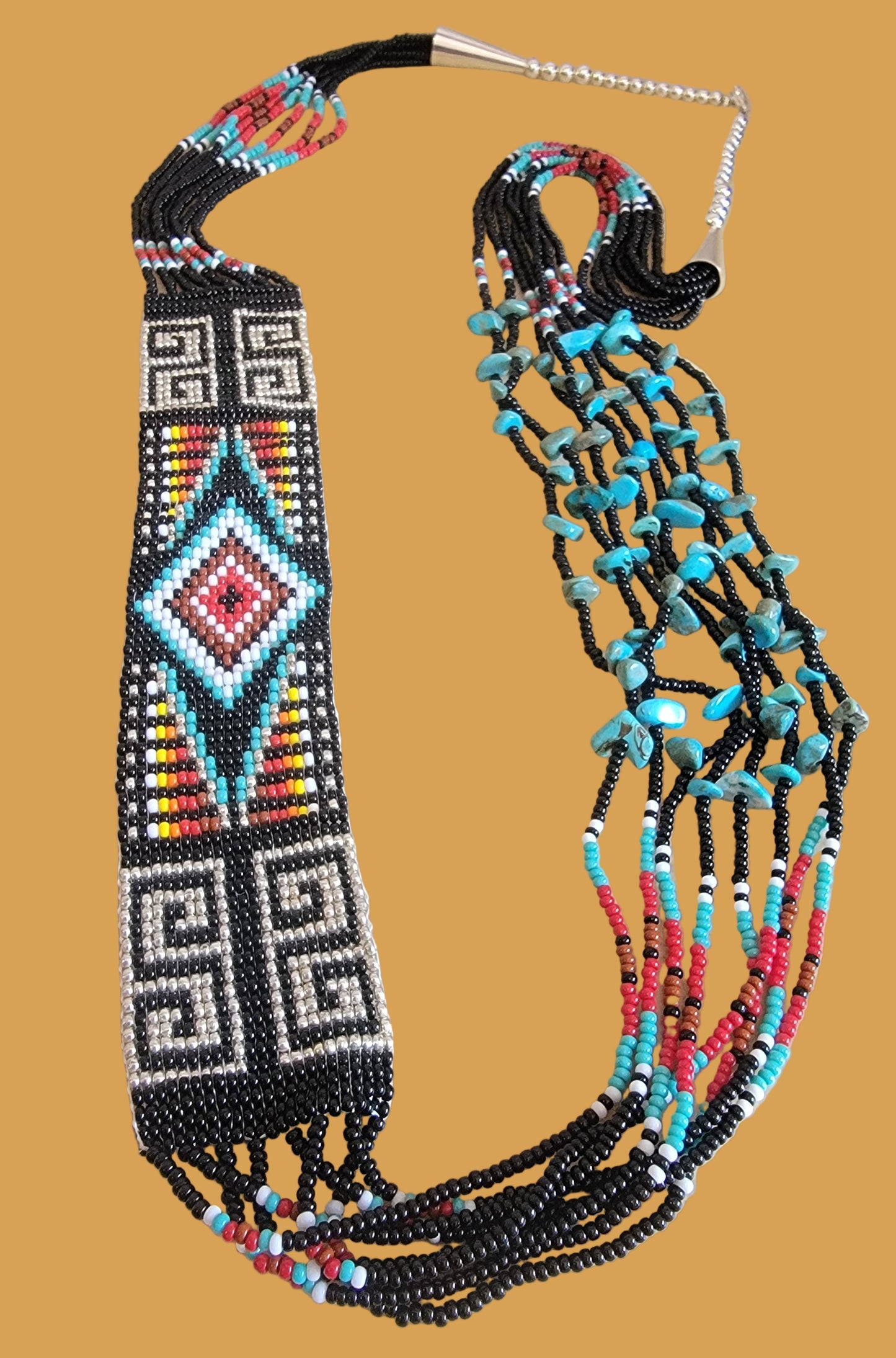 Stunning Navajo Beaded Necklace w/Turquoise Stones Indian Beadwork/Jewelry