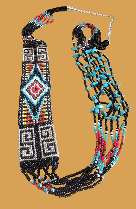 Stunning Navajo Beaded Necklace w/Turquoise Stones Indian Beadwork/Jewelry