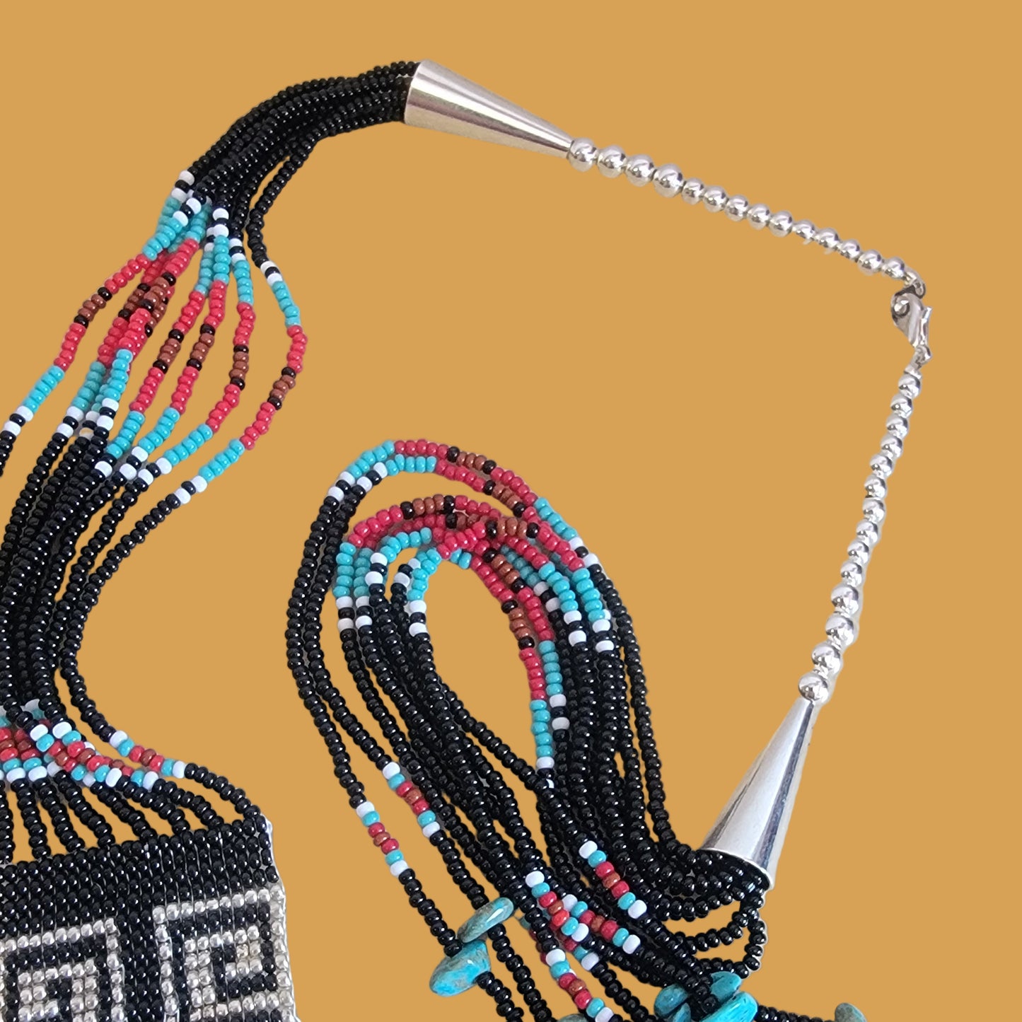 Stunning Navajo Beaded Necklace w/Turquoise Stones Indian Beadwork/Jewelry