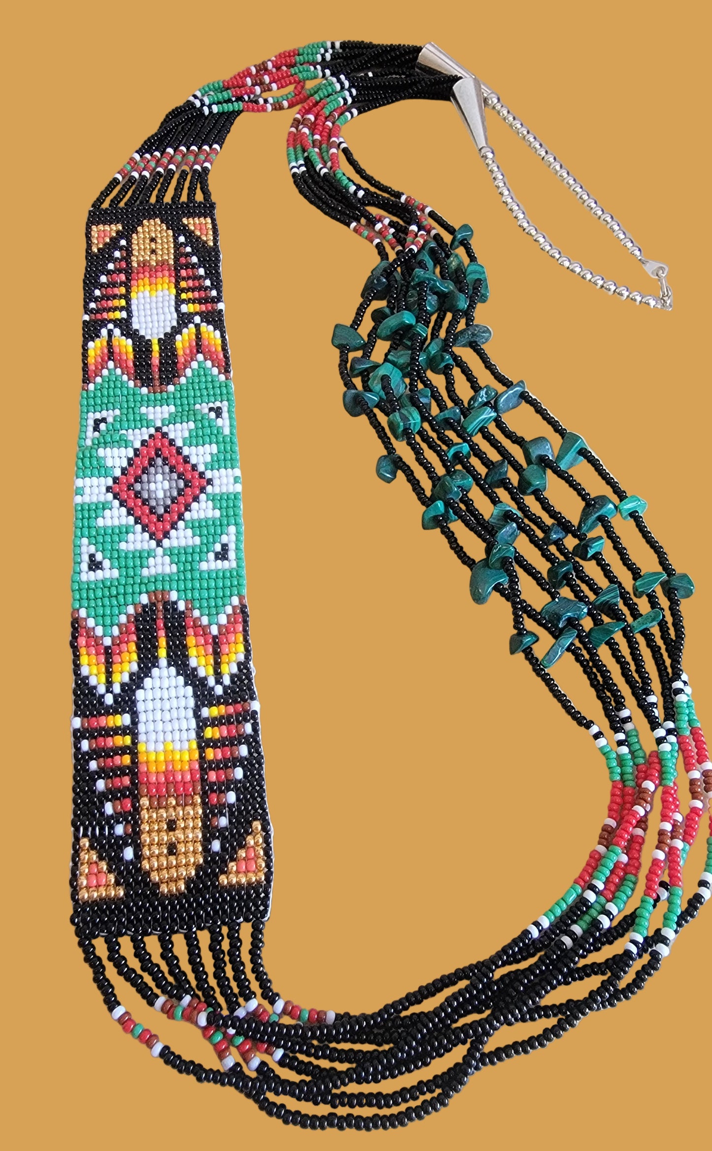 Fabulous Beaded Navajo Necklace w/ Malachite Stones Indian Jewelry/Beadwork