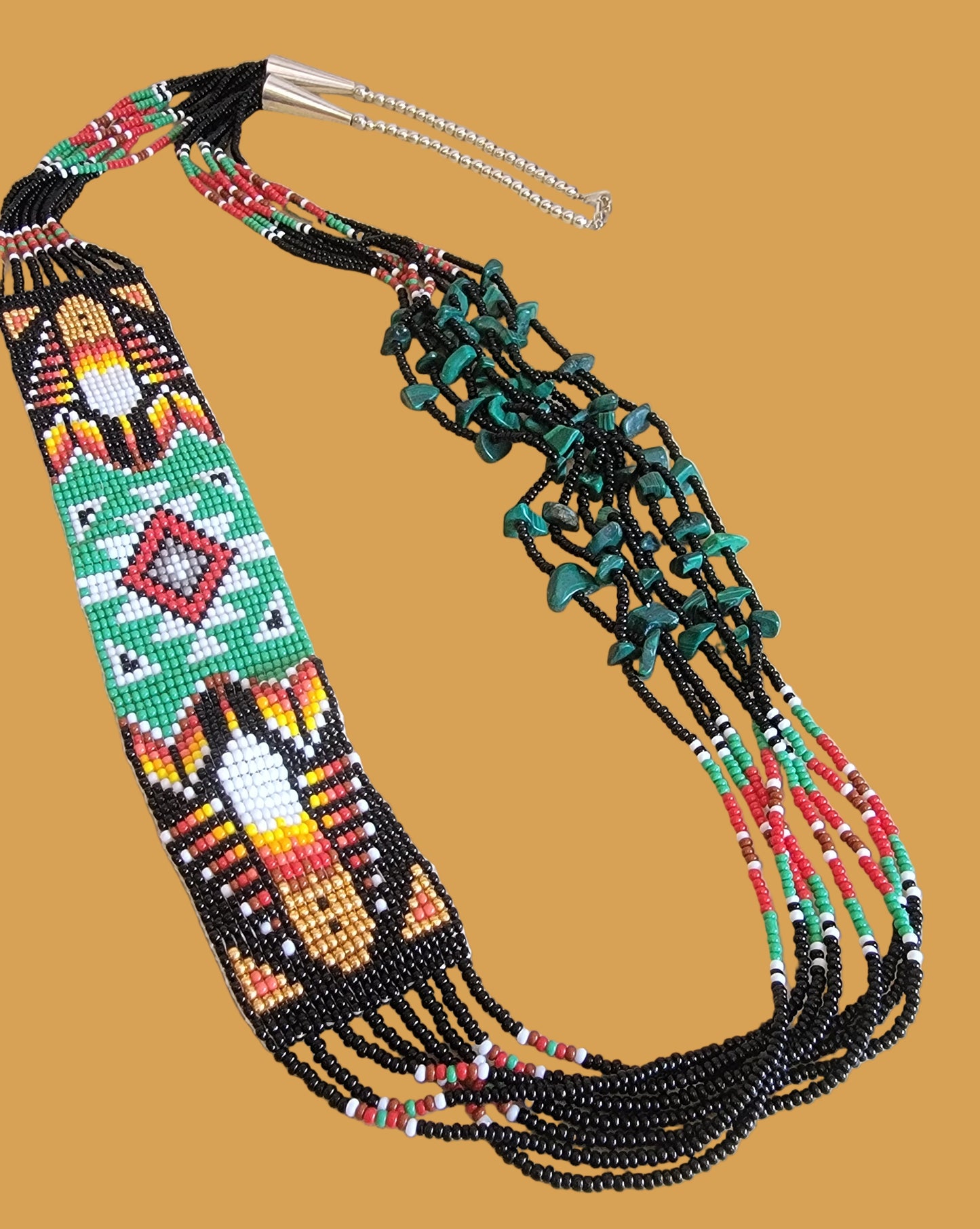 Fabulous Beaded Navajo Necklace w/ Malachite Stones Indian Jewelry/Beadwork