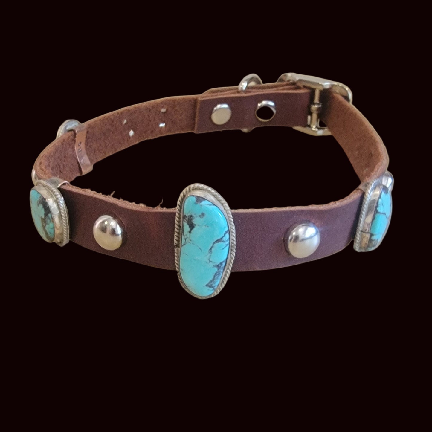 Beautiful Turquoise w/Sterling Leather Dog Collar For the "Dog Who Has Everything!" Indian Jewelry