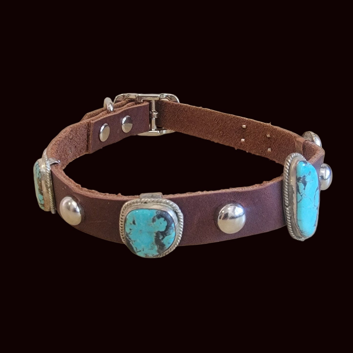 Beautiful Turquoise w/Sterling Leather Dog Collar For the "Dog Who Has Everything!" Indian Jewelry