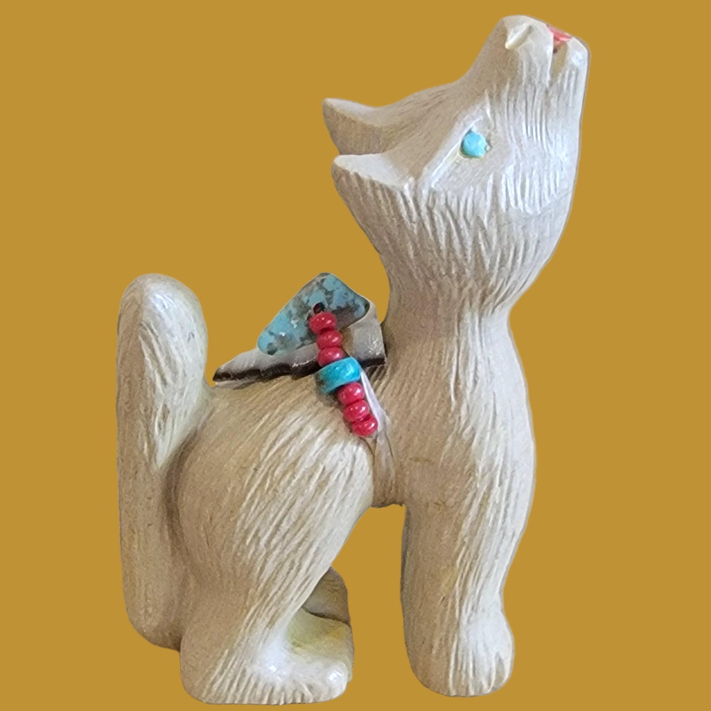 Travertine Howling Coyote w/Tongue Out and Tail Up Zuni Fetish