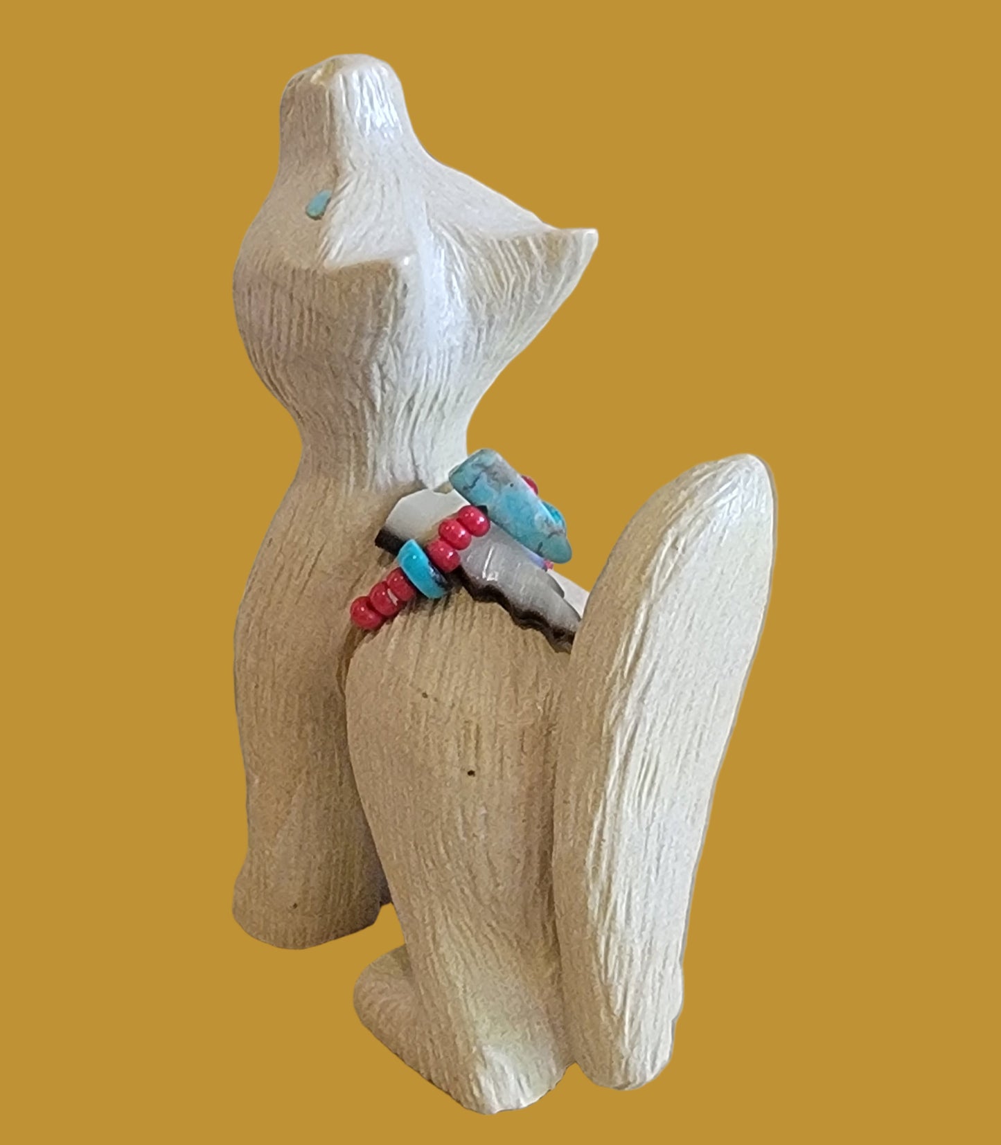 Travertine Howling Coyote w/Tongue Out and Tail Up Zuni Fetish