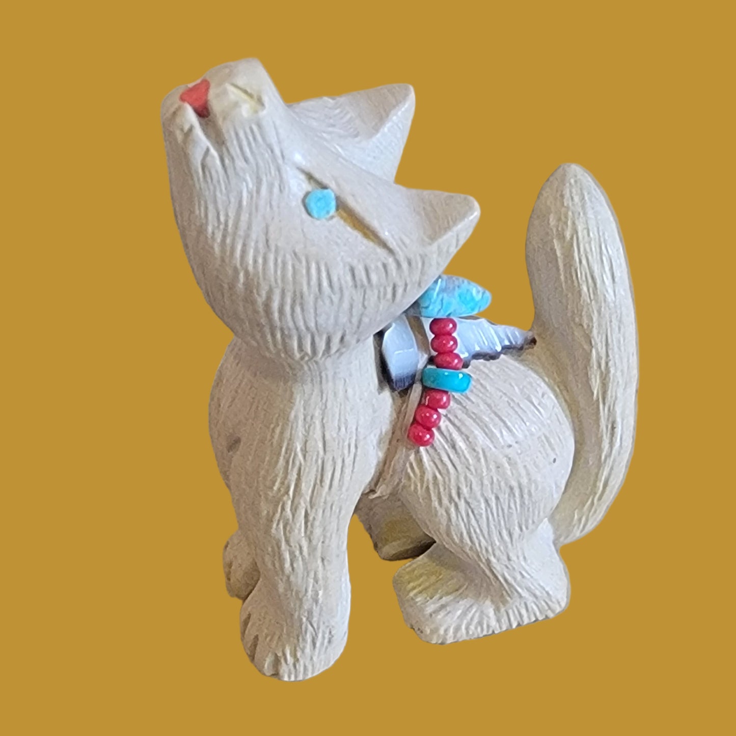 Travertine Howling Coyote w/Tongue Out and Tail Up Zuni Fetish