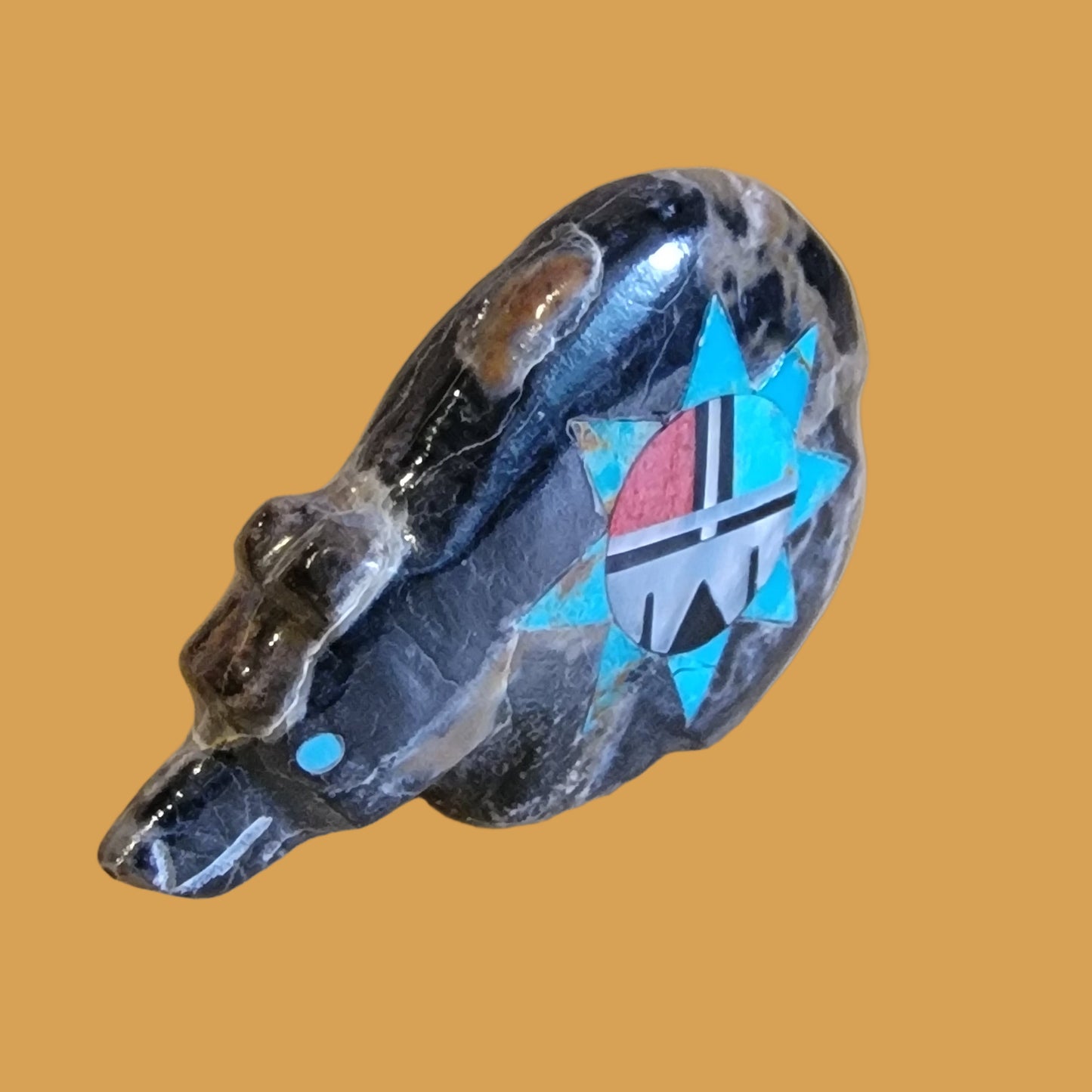 Egyptian Marble Bear w/Fancy Zuni Sun Zuni Fetish