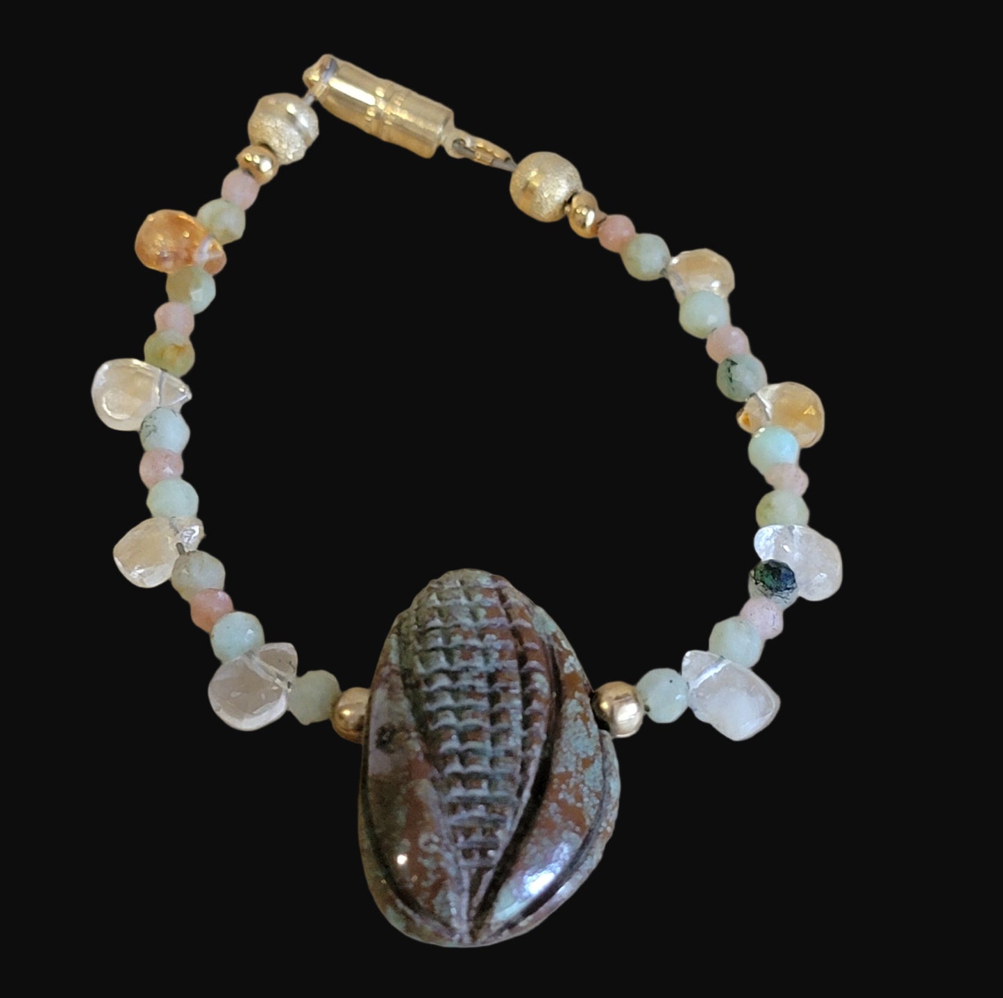 Campo Frio Turquoise Corn Maiden/ Zuni Corn Double Sided Bracelet w/Burma Jade, Rose Quartz and Citrine Indian Jewelry