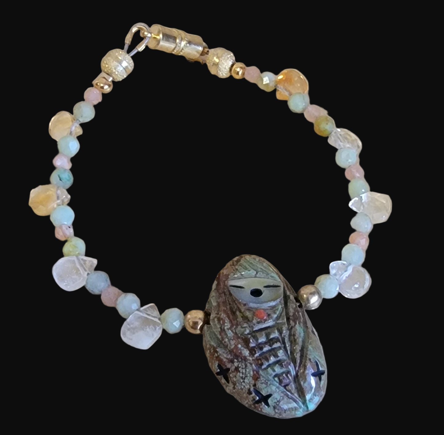 Campo Frio Turquoise Corn Maiden/ Zuni Corn Double Sided Bracelet w/Burma Jade, Rose Quartz and Citrine Indian Jewelry