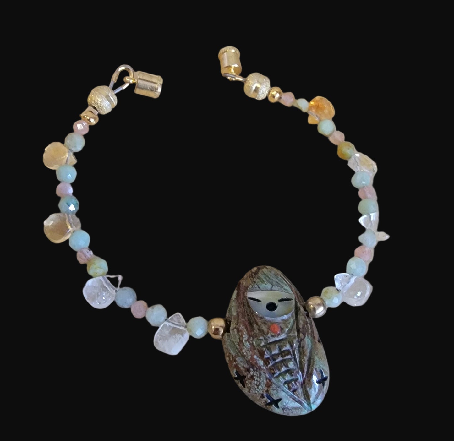 Campo Frio Turquoise Corn Maiden/ Zuni Corn Double Sided Bracelet w/Burma Jade, Rose Quartz and Citrine Indian Jewelry