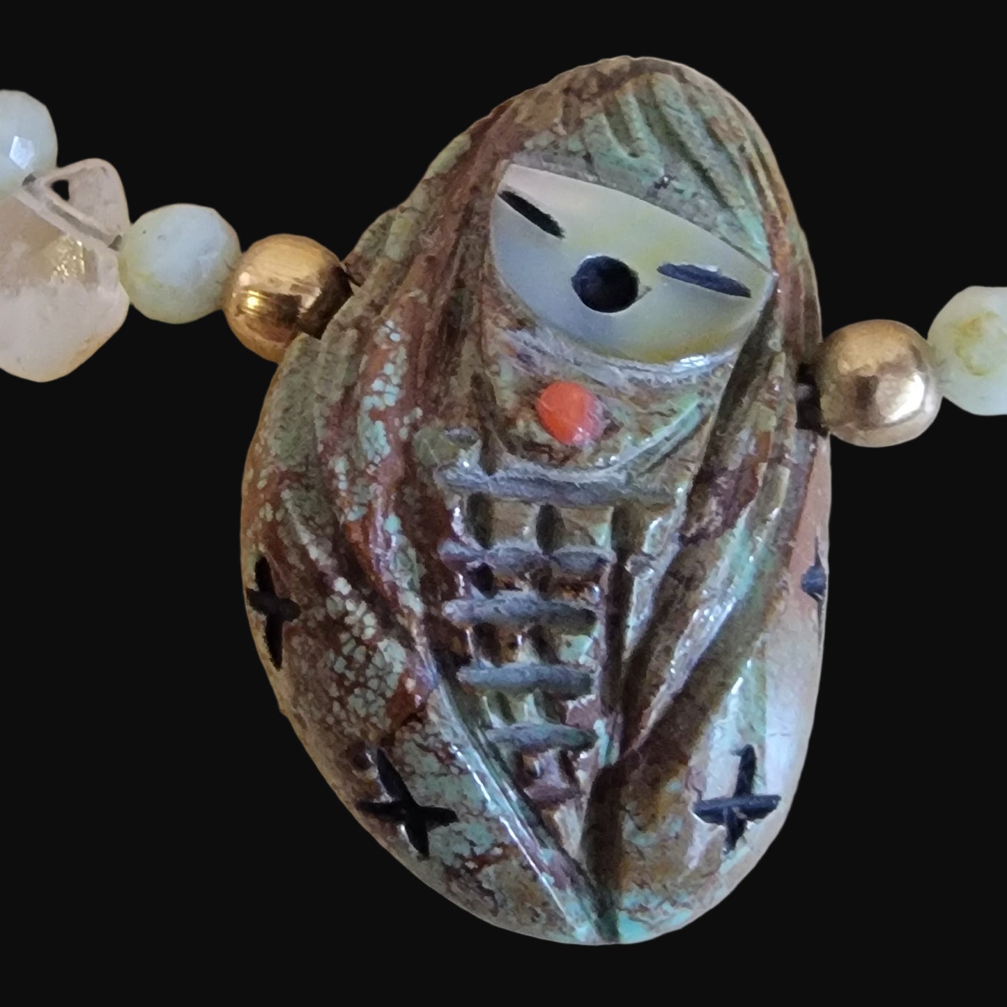 Campo Frio Turquoise Corn Maiden/ Zuni Corn Double Sided Bracelet w/Burma Jade, Rose Quartz and Citrine Indian Jewelry