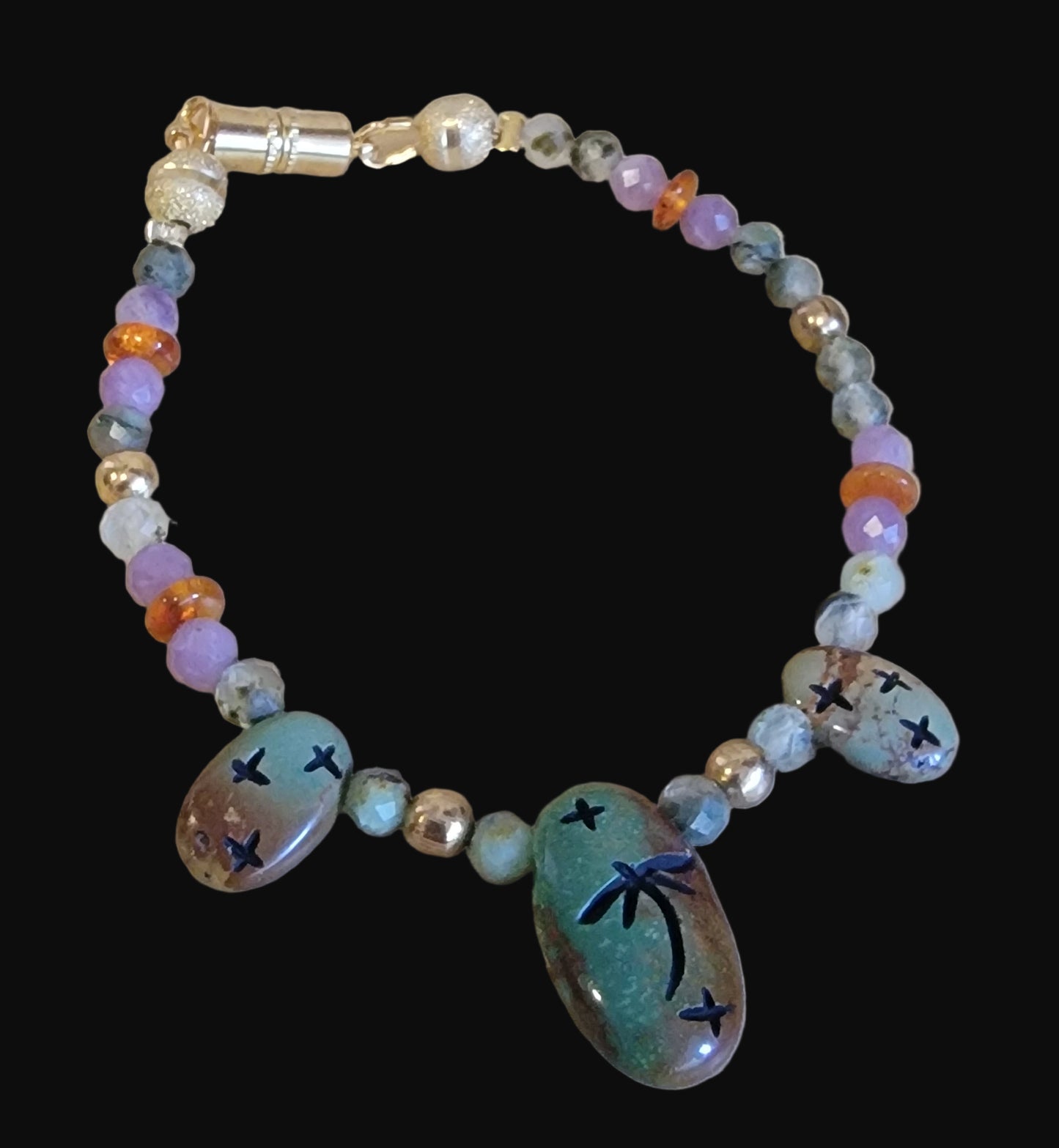 Campo Frio Turquoise Zuni Maiden/ Dragonfly and Stars Bracelet w/Prehnite, Amethyst and Amber Indian Jewelry