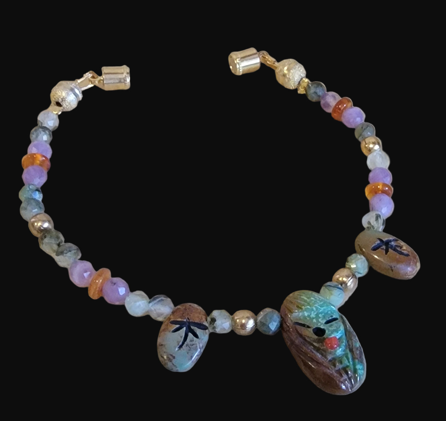 Campo Frio Turquoise Zuni Maiden/ Dragonfly and Stars Bracelet w/Prehnite, Amethyst and Amber Indian Jewelry
