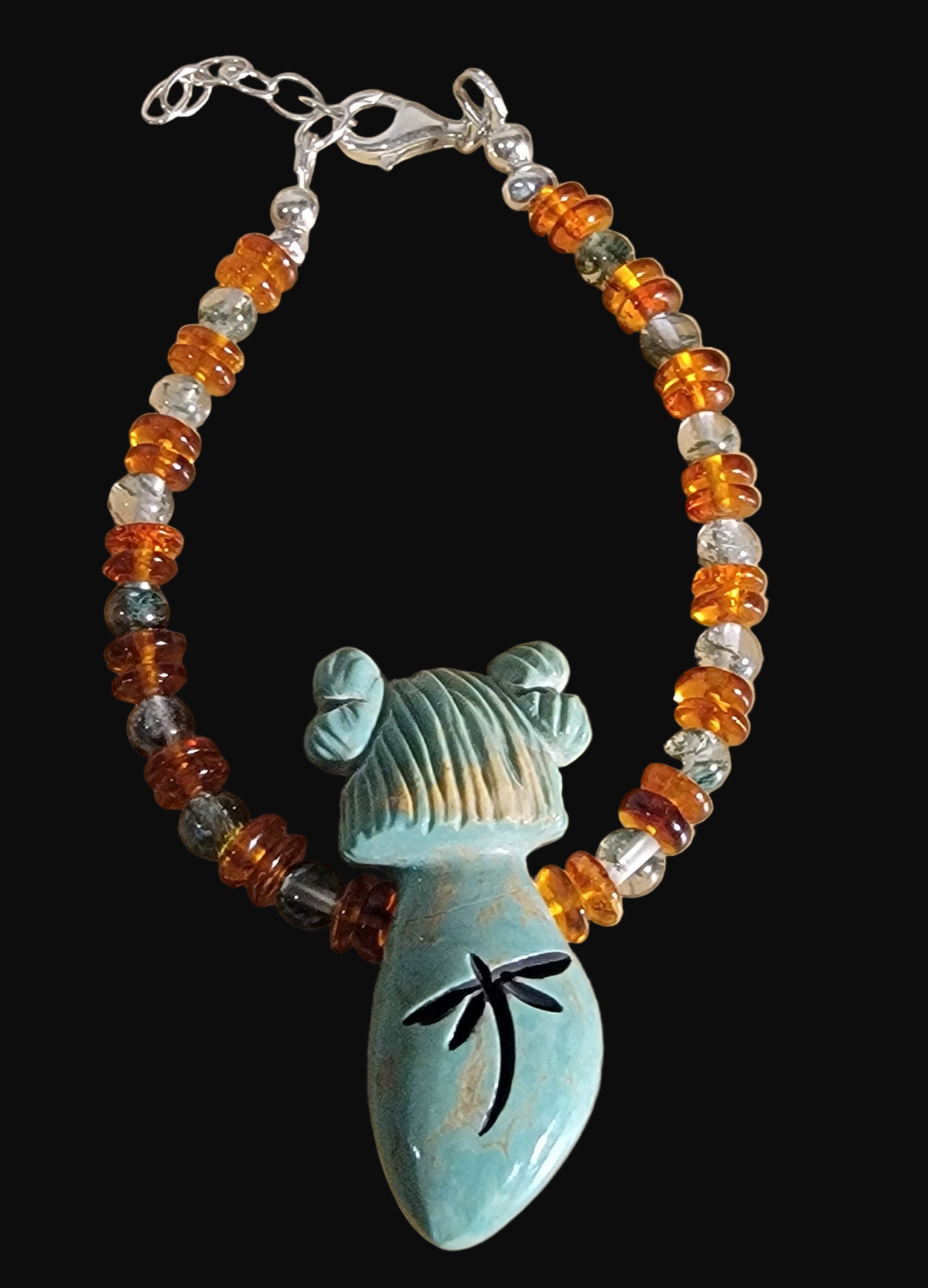 Elegant Elisa Turquoise Zuni Maiden Bracelet w/Amber and Prehnite Beads Indian Jewelry