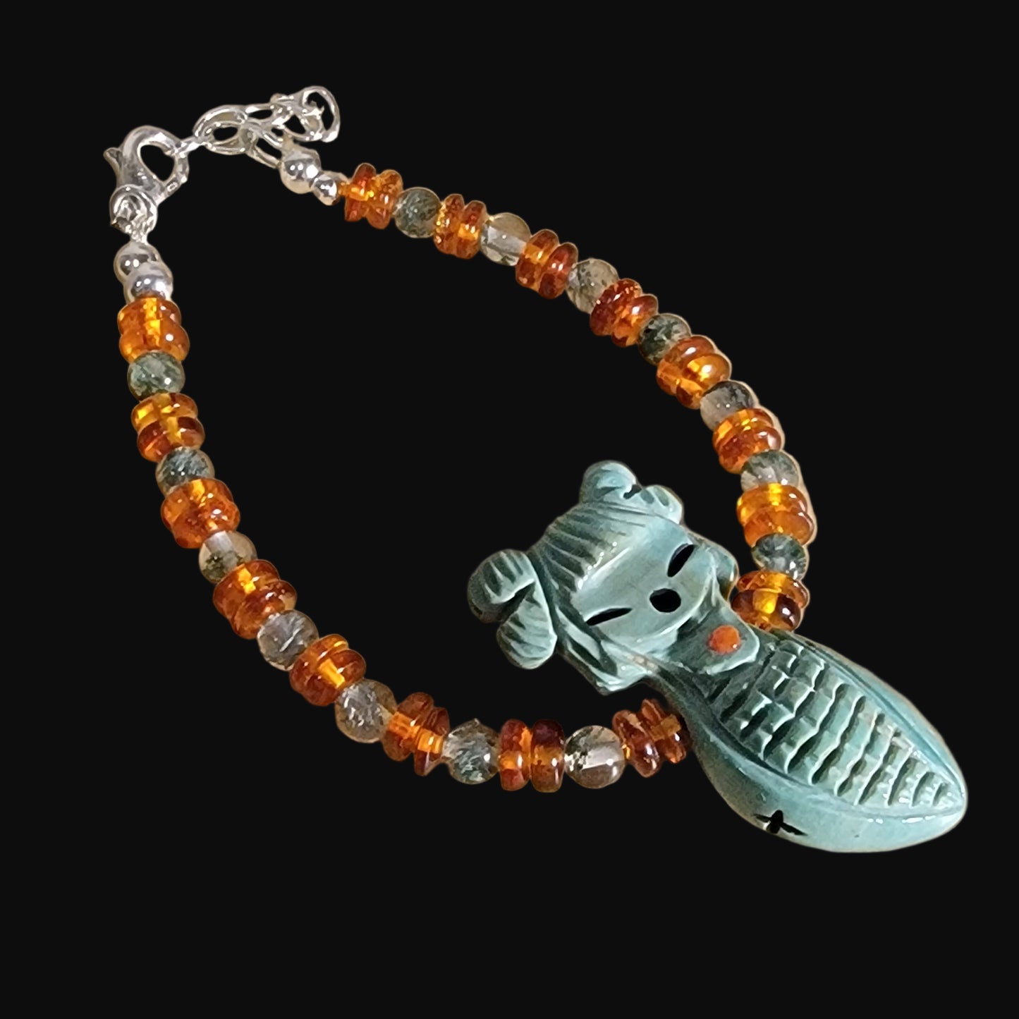 Elegant Elisa Turquoise Zuni Maiden Bracelet w/Amber and Prehnite Beads Indian Jewelry
