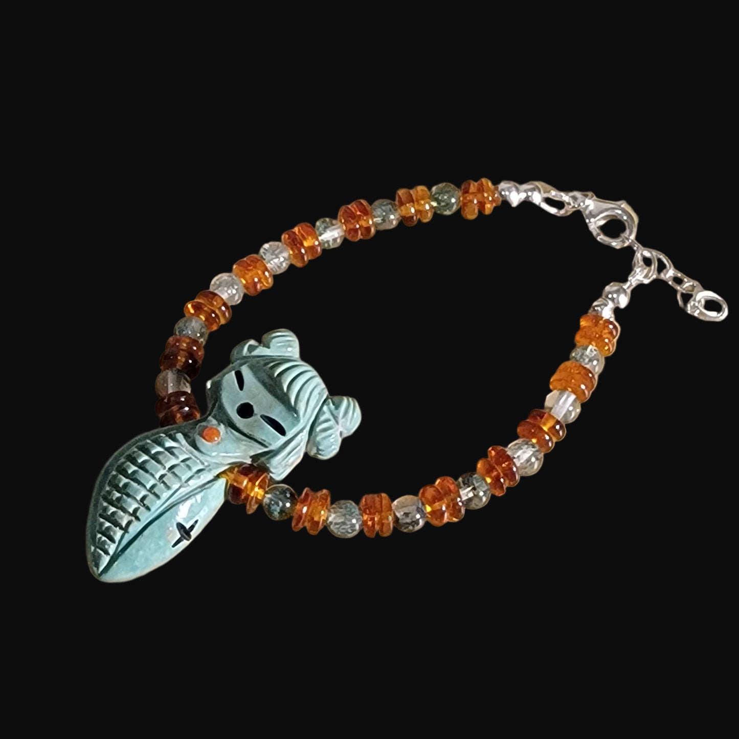 Elegant Elisa Turquoise Zuni Maiden Bracelet w/Amber and Prehnite Beads Indian Jewelry