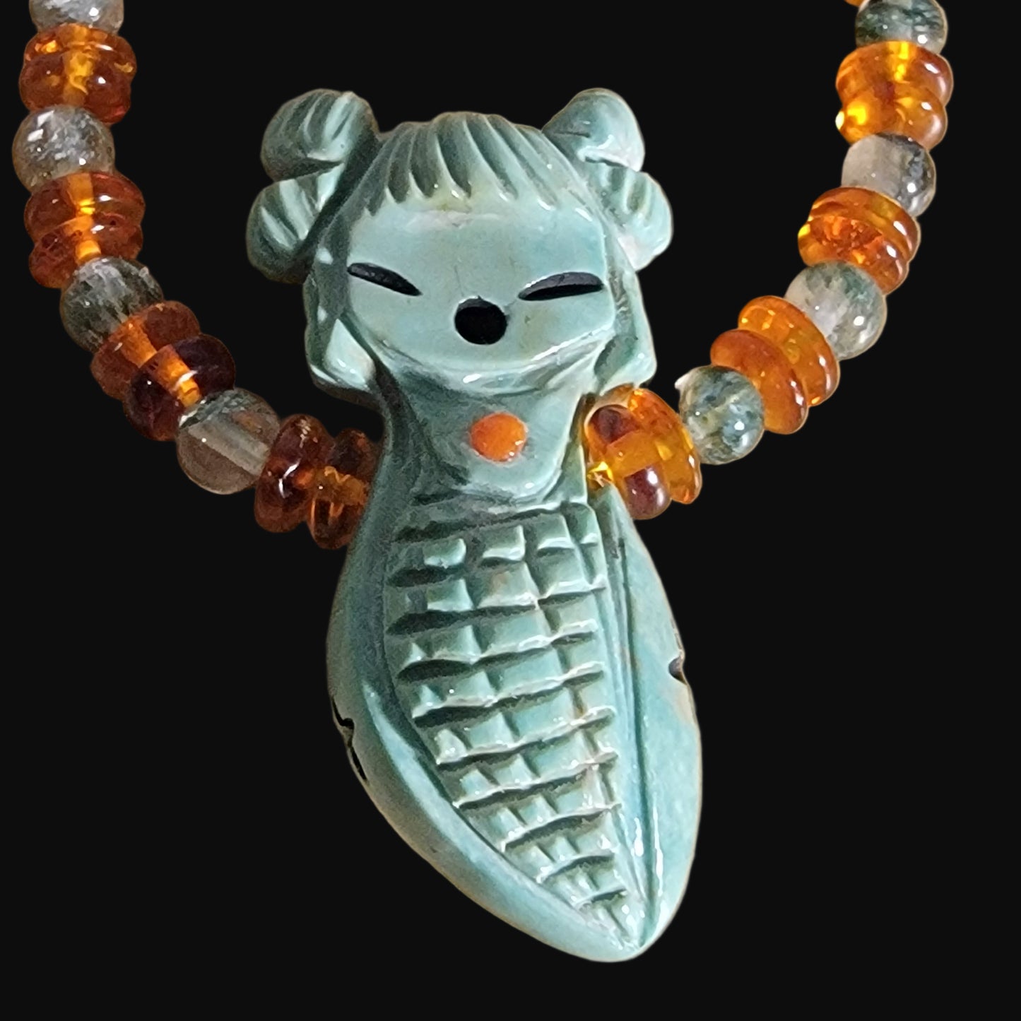 Elegant Elisa Turquoise Zuni Maiden Bracelet w/Amber and Prehnite Beads Indian Jewelry