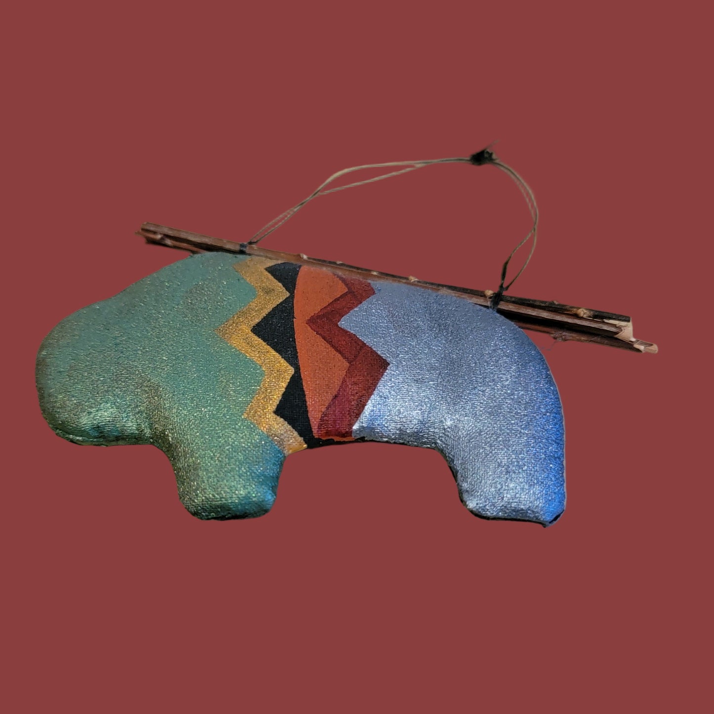 Navajo Leather and Cloth Hand Painted Bison Holiday Ornament w/Twigs