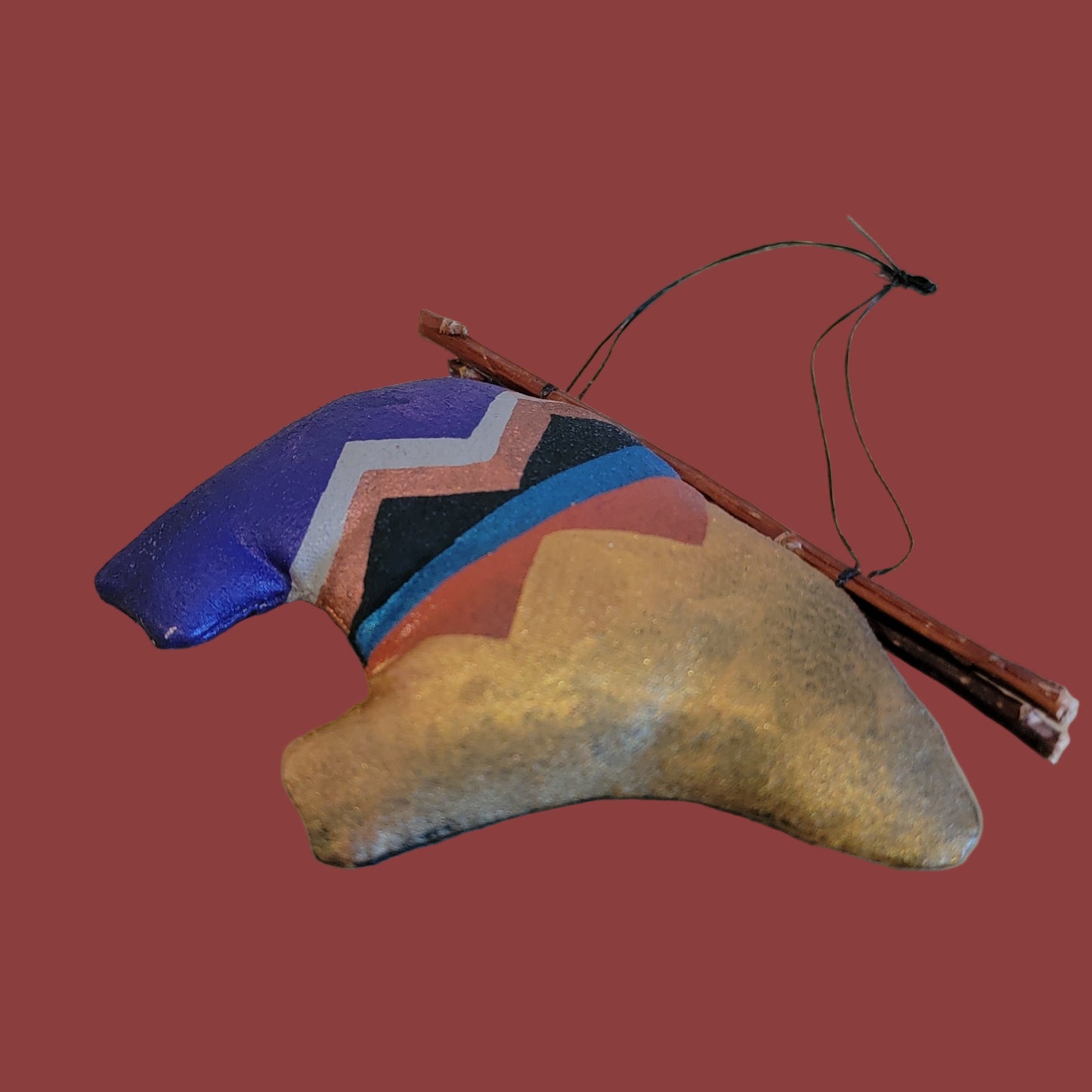 Handpainted Leather Navajo Bear Holiday Ornament w/ Twigs