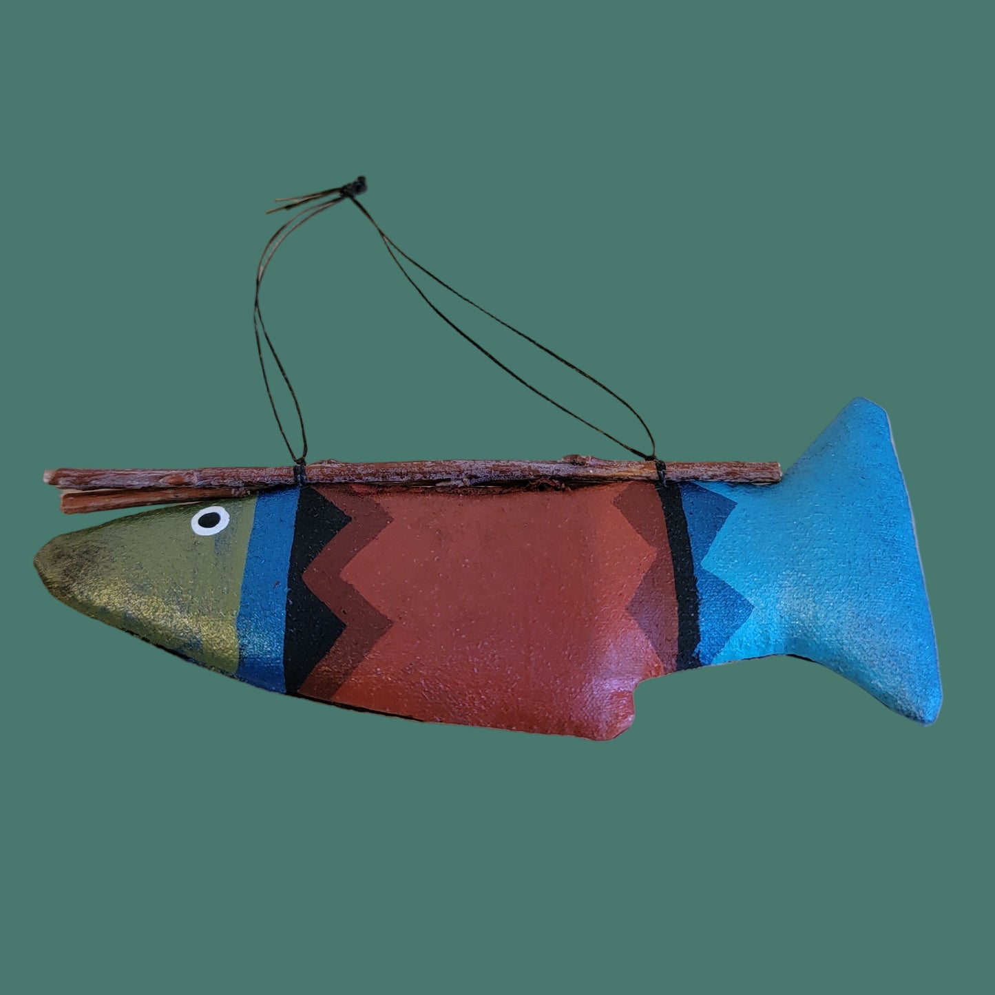 Handpainted Leather and Cloth Navajo Fish Holiday Ornament w/ Bundled Twigs is. Lucky Catch
