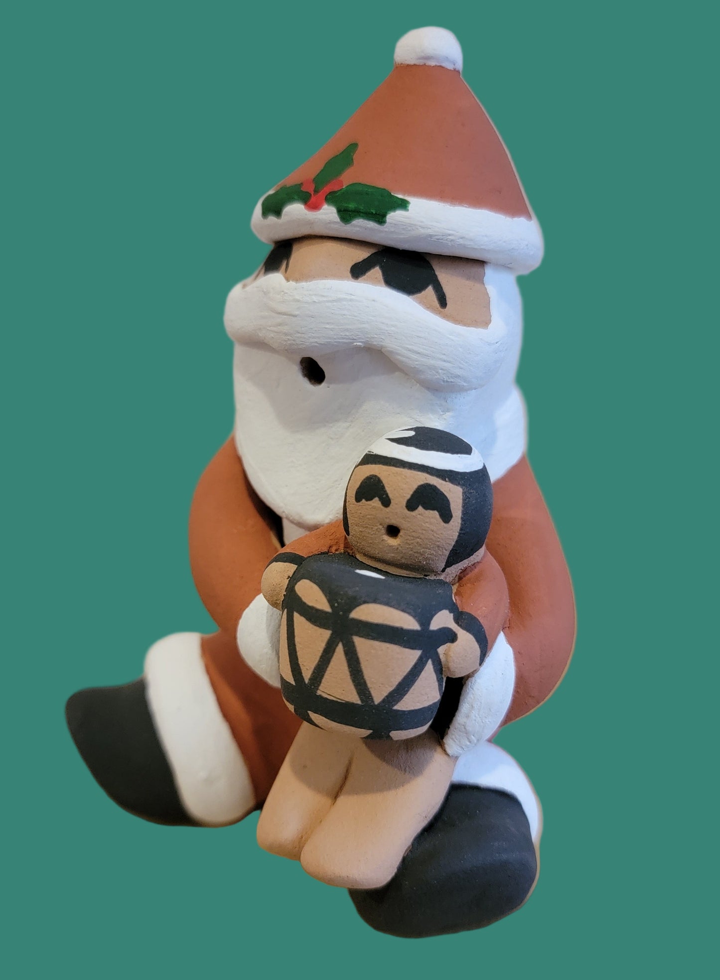 Santa Claus Jemez Pueblo Pottery Storyteller w/ One Happy Child w/ Drum
