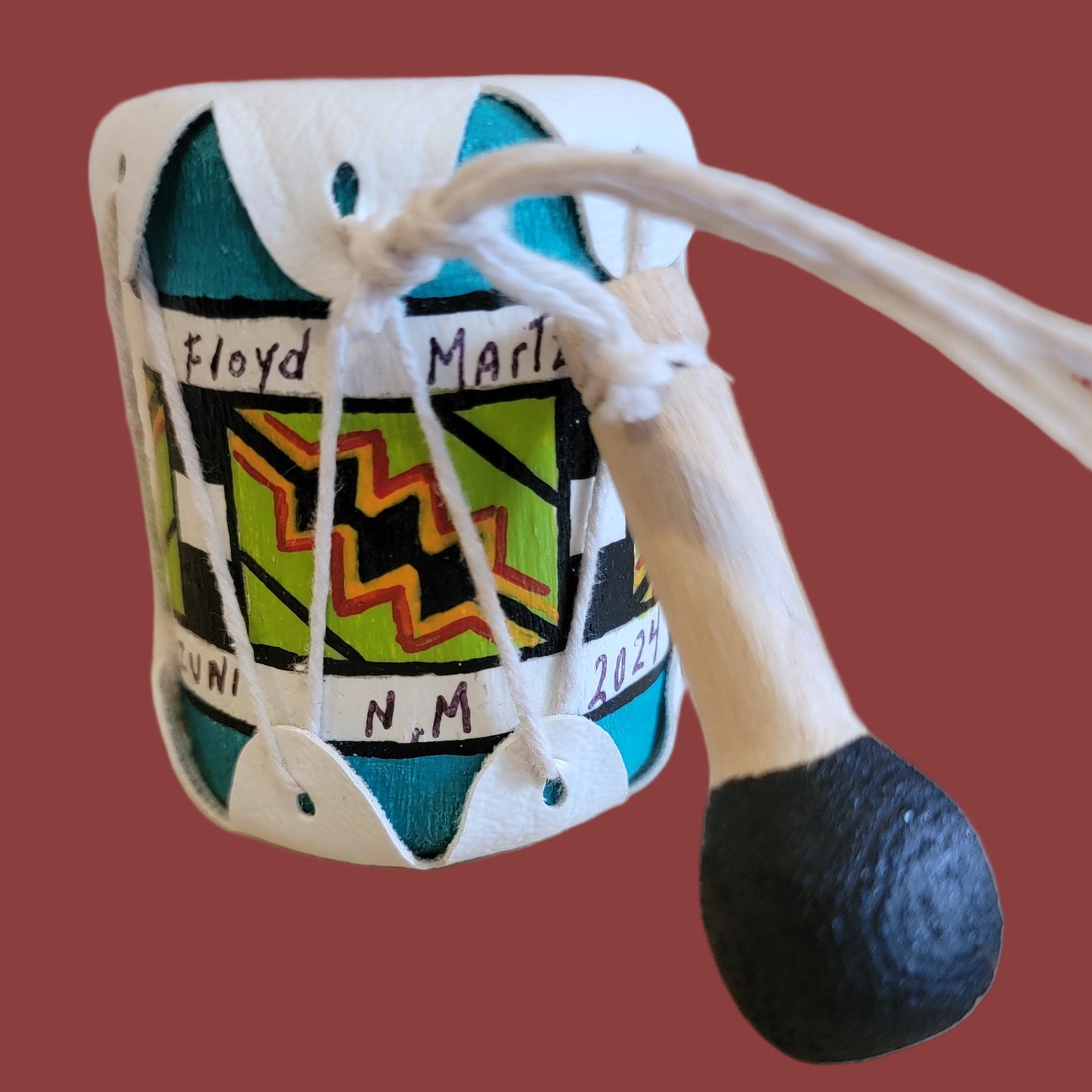 Handpainted Zuni Leather Drum w/Beater Holiday Ornament