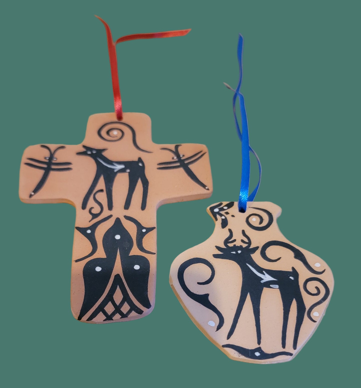 Zuni Set of 2 Hand Coiled and Painted Deer w/ Heartline Pueblo Pottery Holiday Ornaments