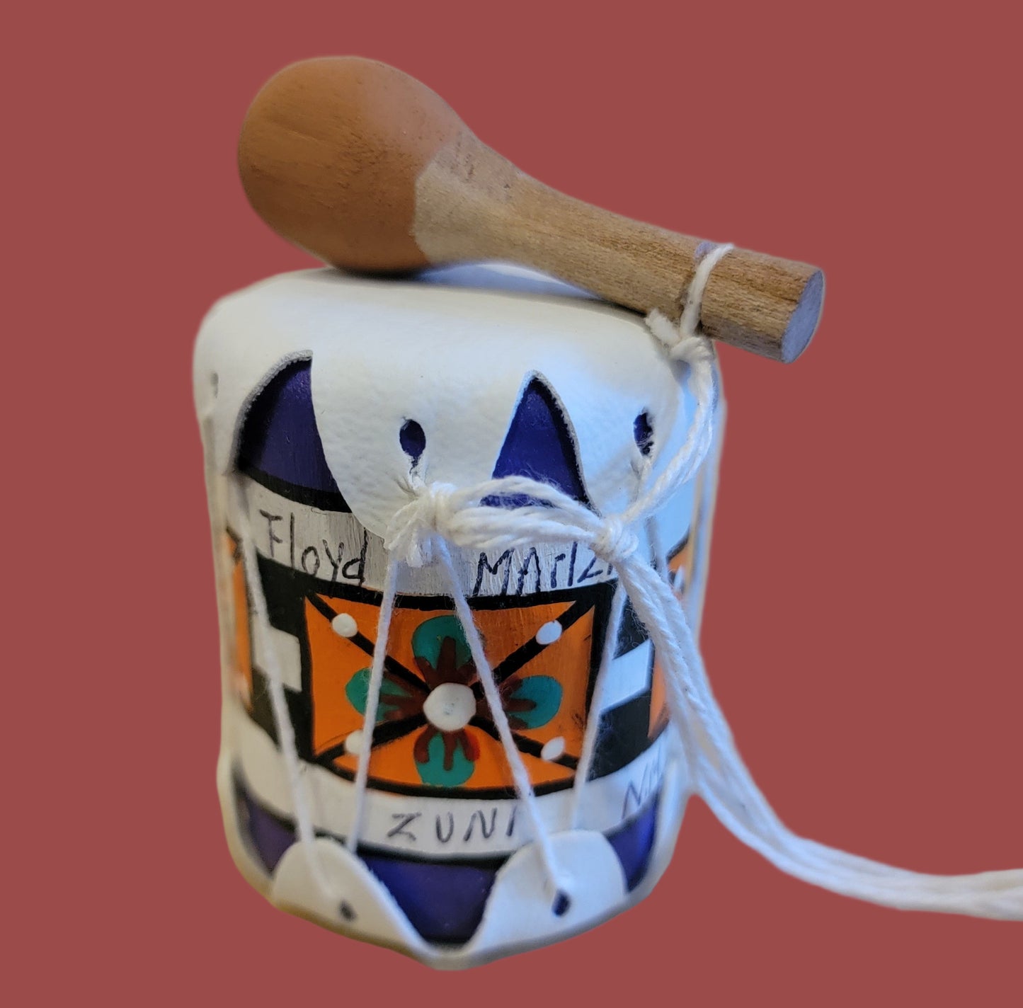 Zuni Handpainted Drum w/ Beater Leather Holiday Ornament