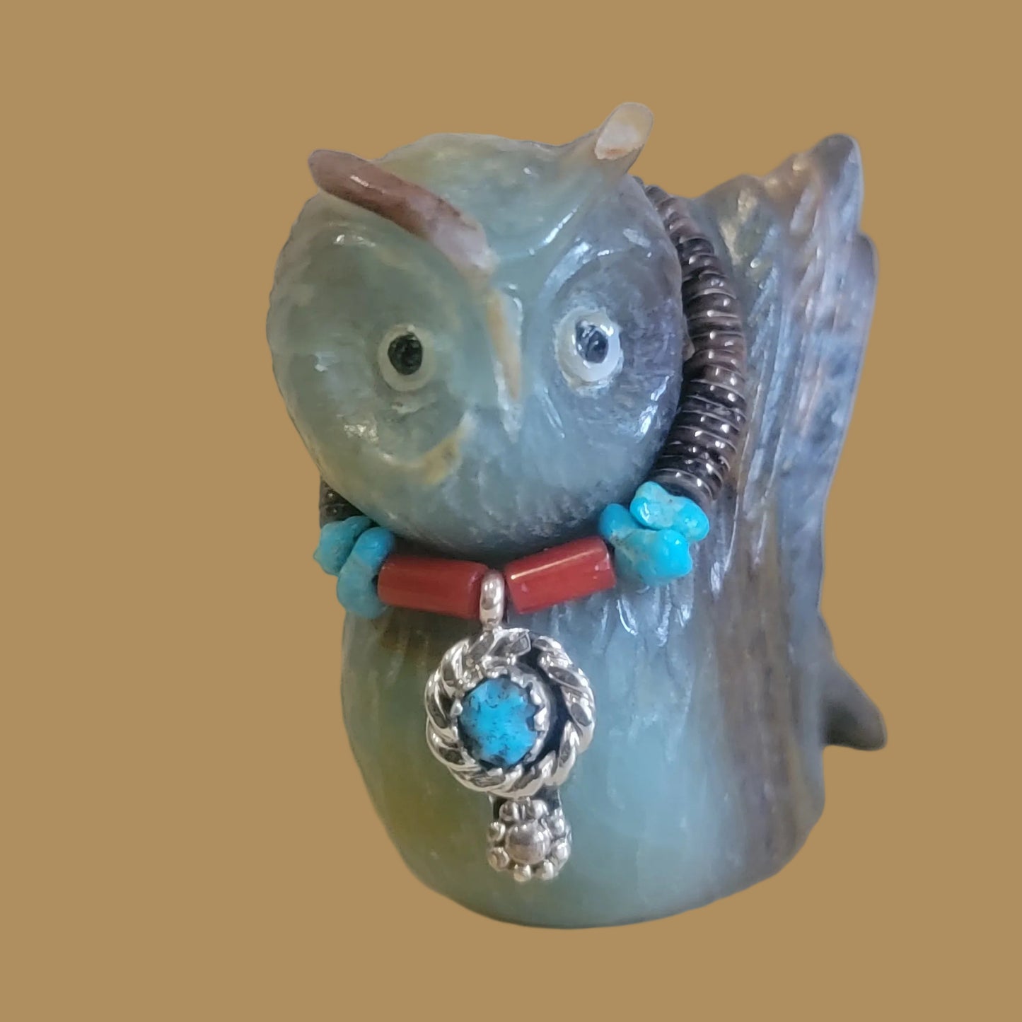 Beautiful and Colorful Fluorite Zuni Fetish Owl w/ Sterling and Turquoise Bling
