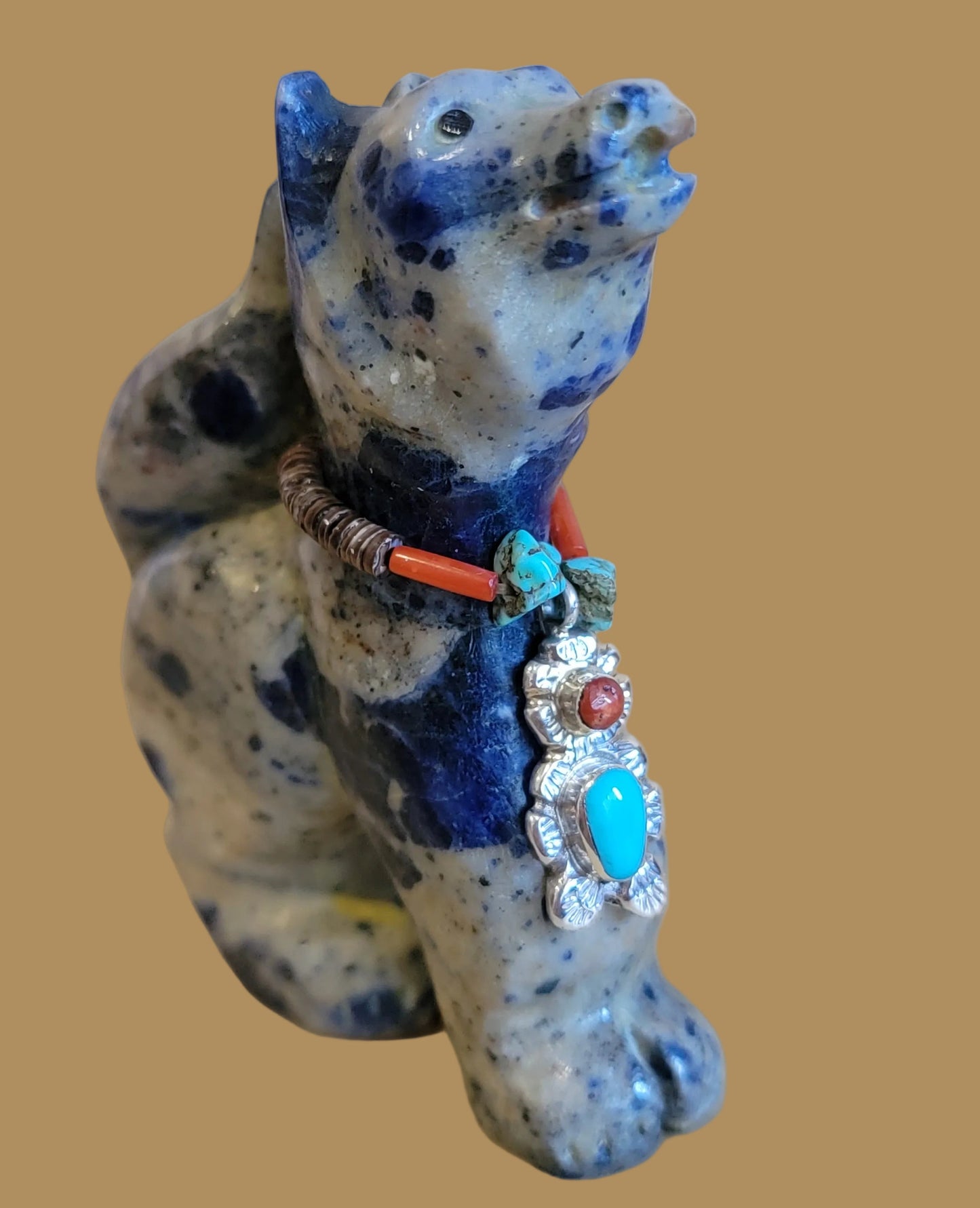 Howling Sodalite Coyote W/ Sterling Bear Necklace Zuni Fetish