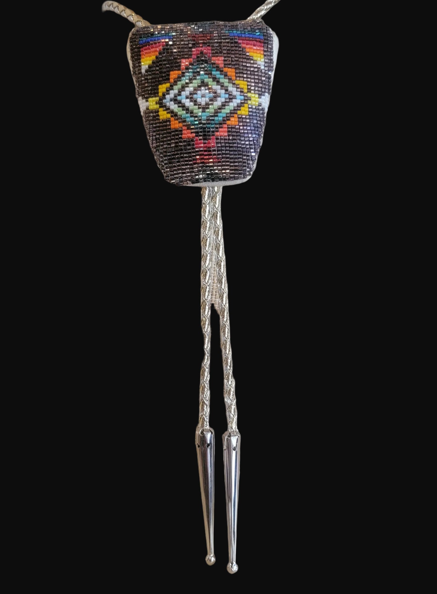 Beautiful Chevron Pattern Square Cut Beaded Bolo Tie Indian Beadwork